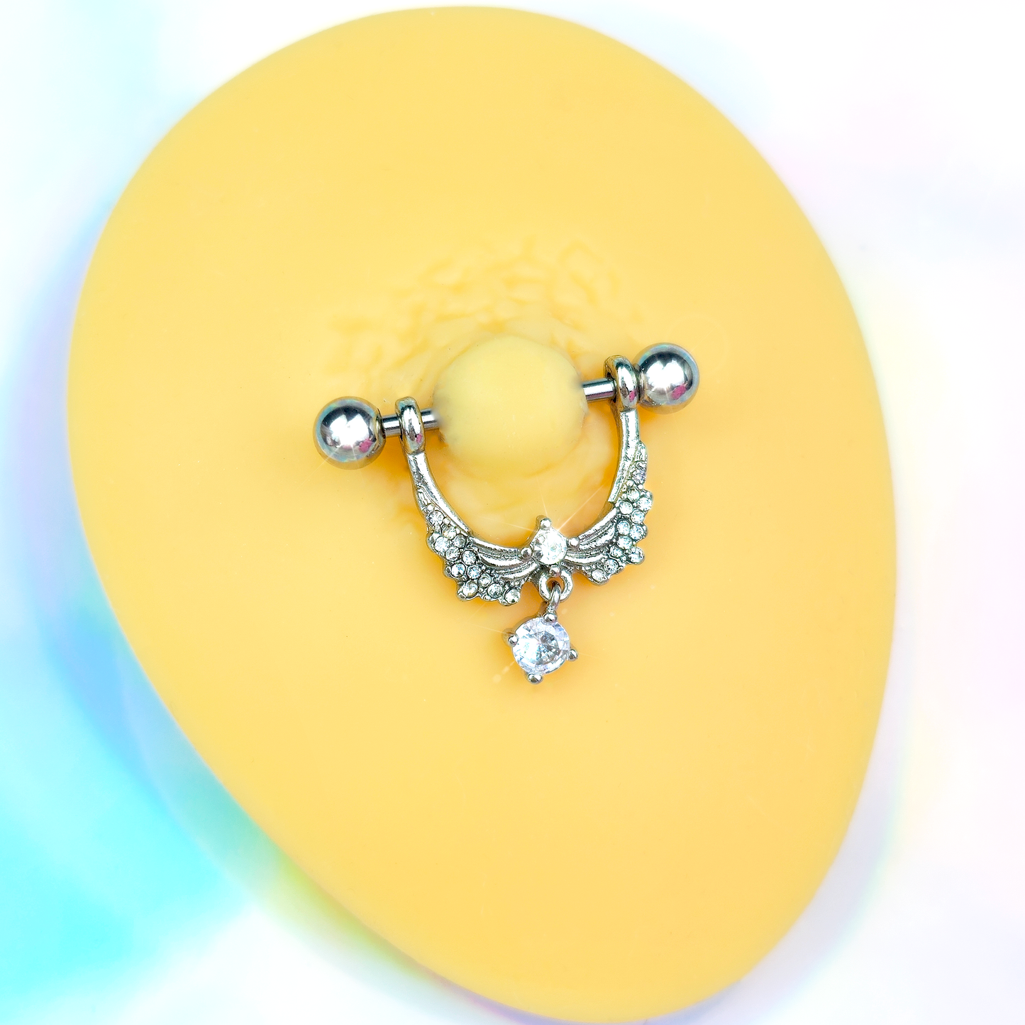 14G 9/16 Clear CZ Gem Alluring Wings Dangle Nipple Ring Set