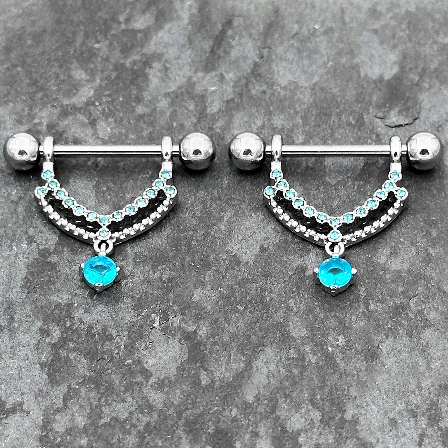 14G 9/16 Blue CZ Gem Double Curves Dangle Nipple Ring Set
