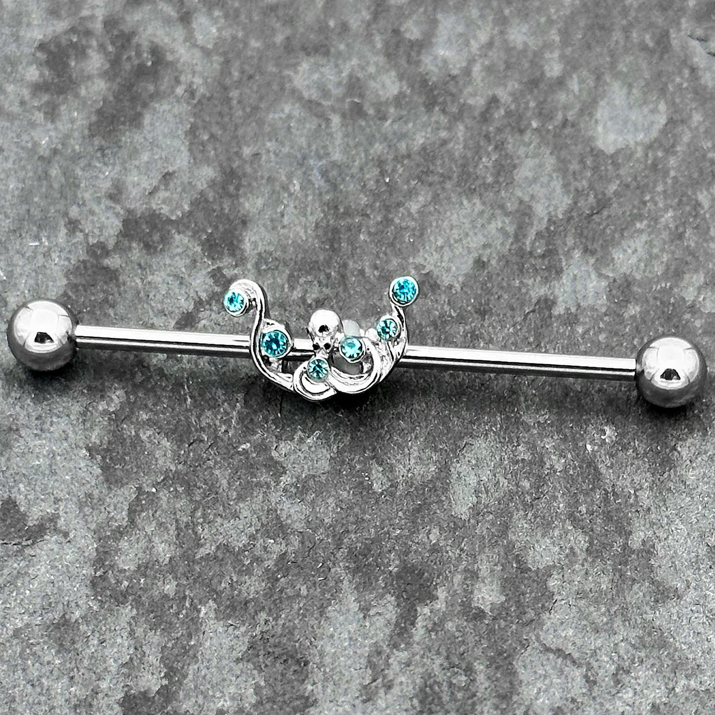 14G Blue Gem Scrolling Elegance Industrial Barbell 38mm