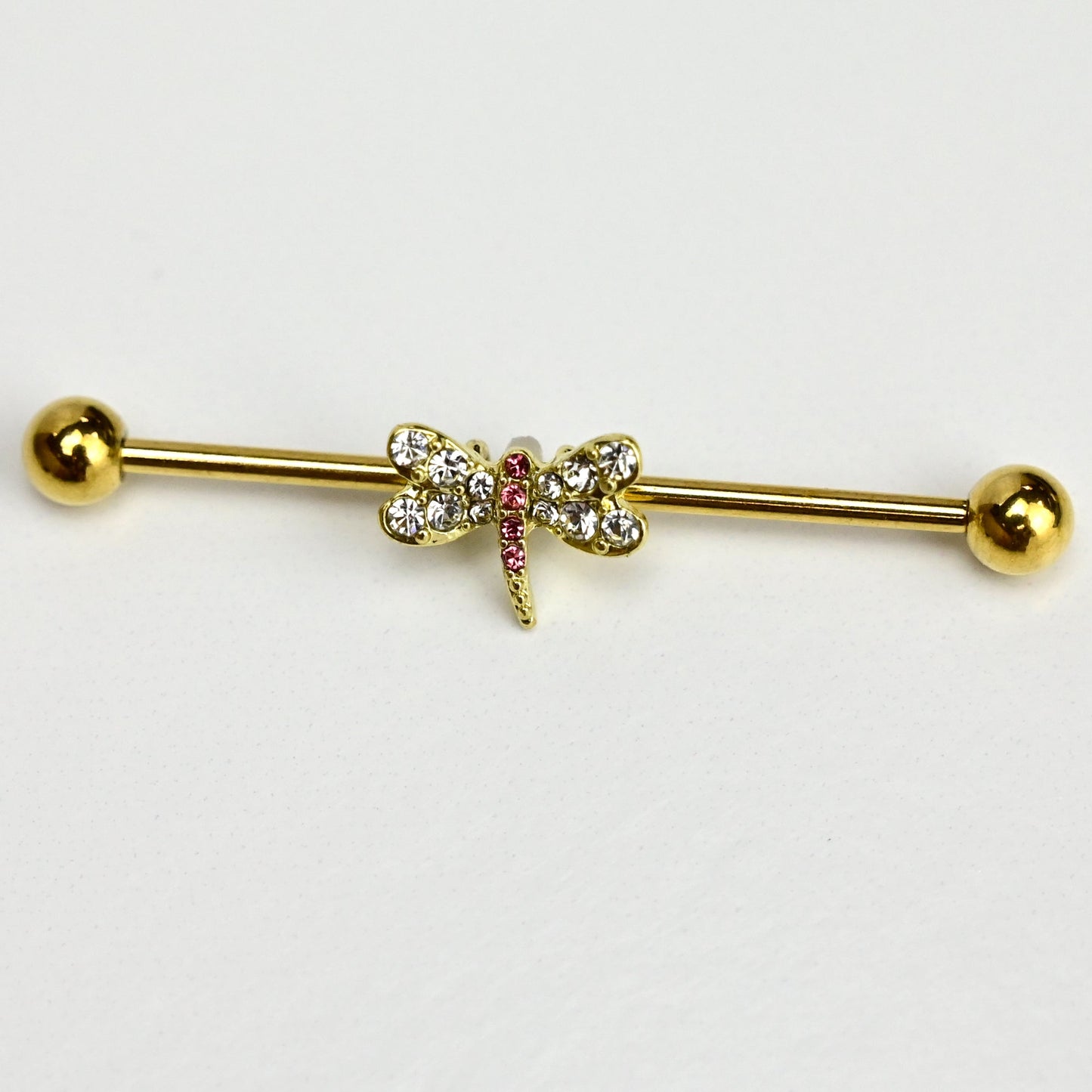 14G Pink Clear Gem Gold Tone Dragonfly Industrial Barbell 38mm