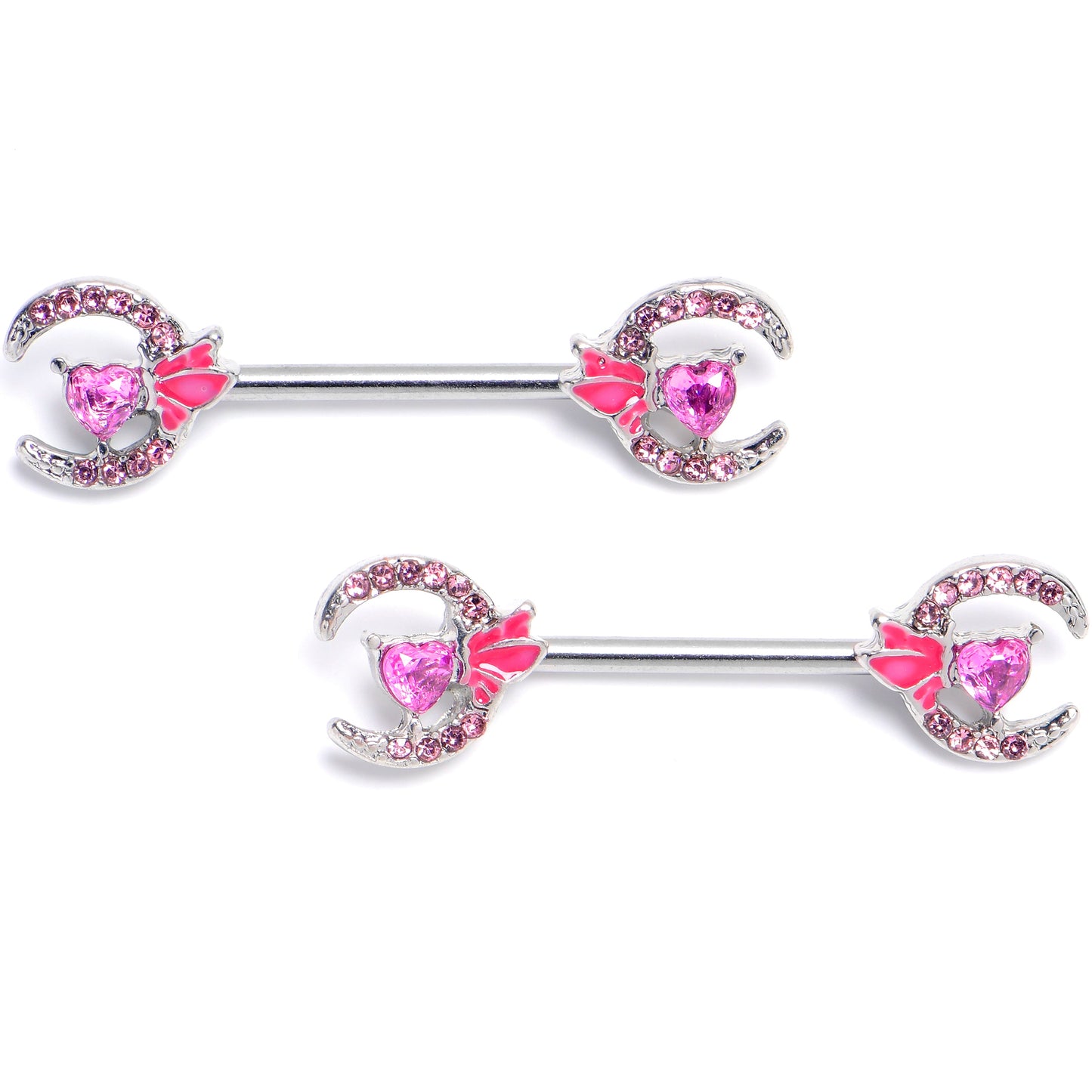 14G 9/16 Pink Gem Butterfly Heart Moon Barbell Nipple Ring Set