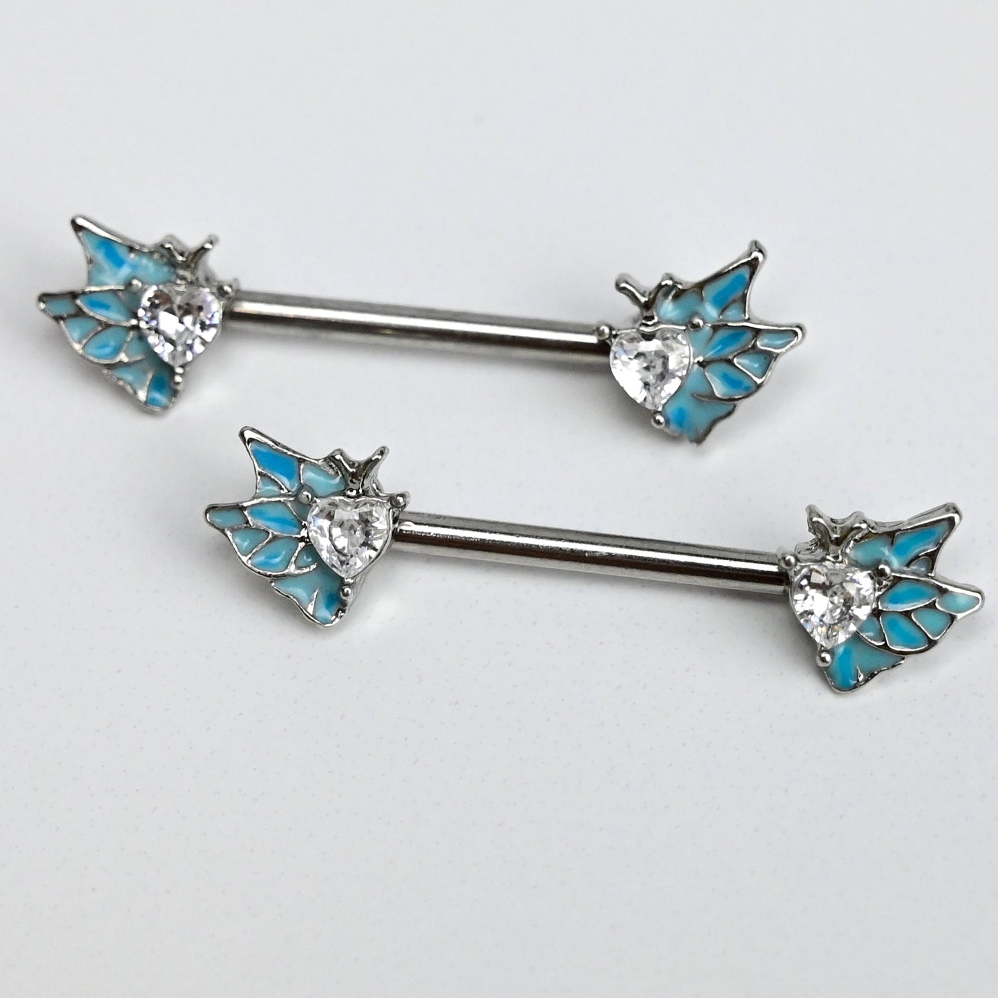 14G 9/16 Clear Gem Heart Butterfly Blue Barbell Nipple Ring Set