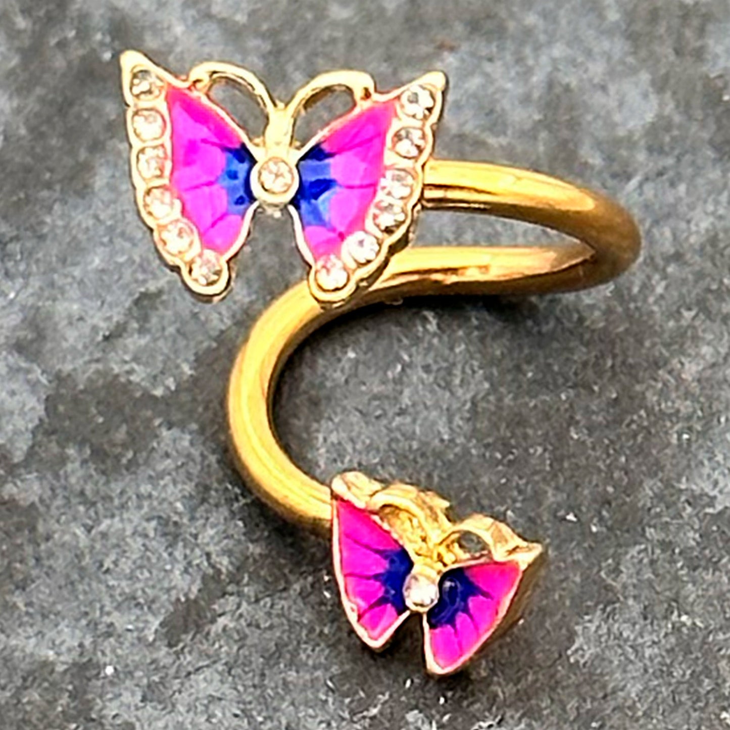 Clear Gem Gold Tone Butterfly Pink Blue Spiral Twister Belly Ring