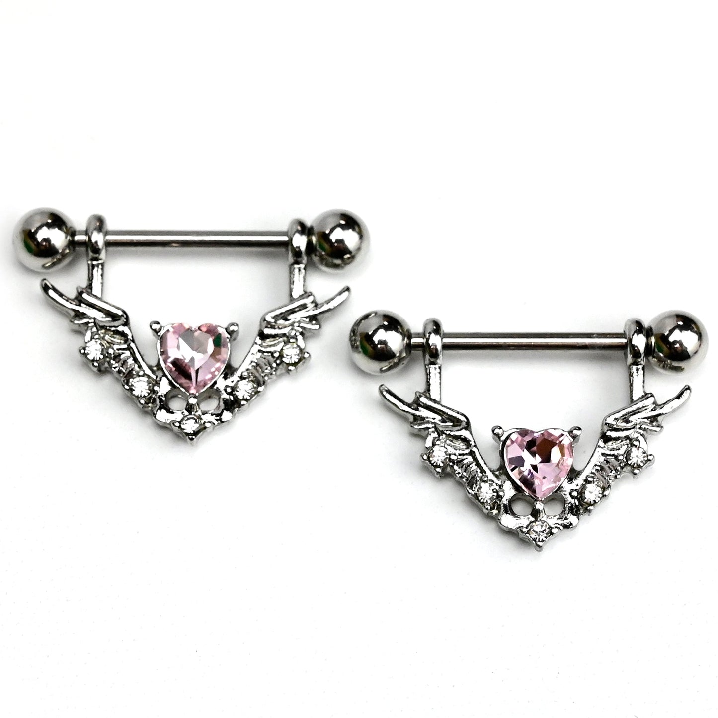 14G 9/16 Pink Gem Winged Hearts Angel Dangle Nipple Ring Set