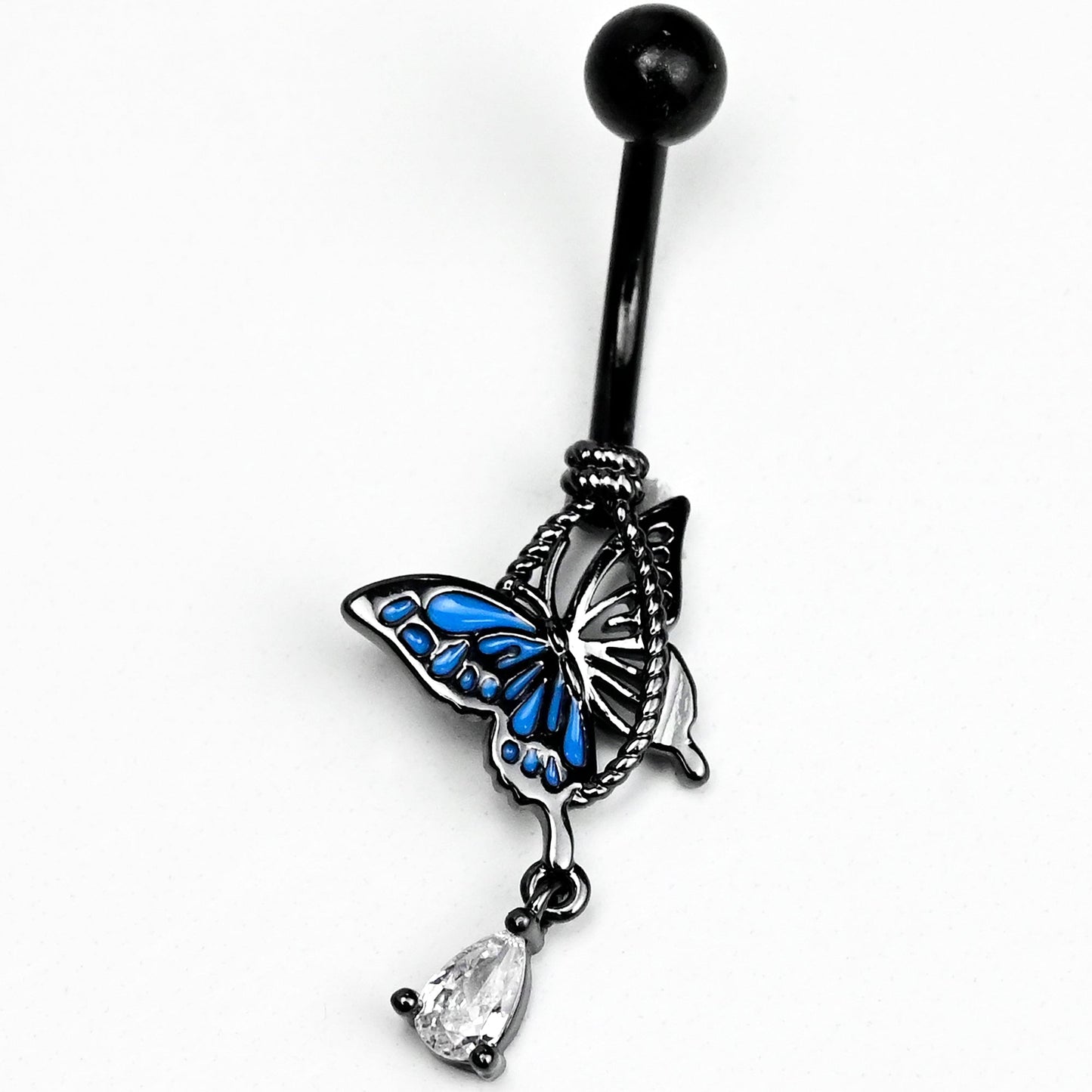Clear Gem Black Blue Butterfly Catching Dangle Belly Ring