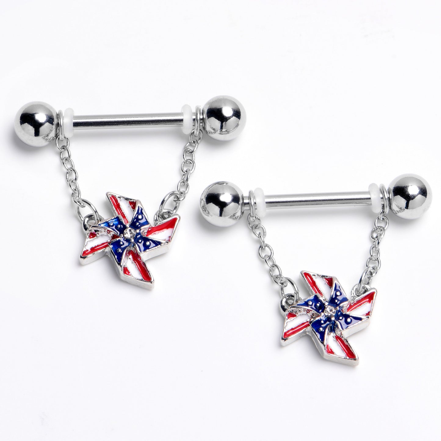 14G 9/16 Clear Gem Festive Patriot Pinwheel Dangle Nipple Ring Set