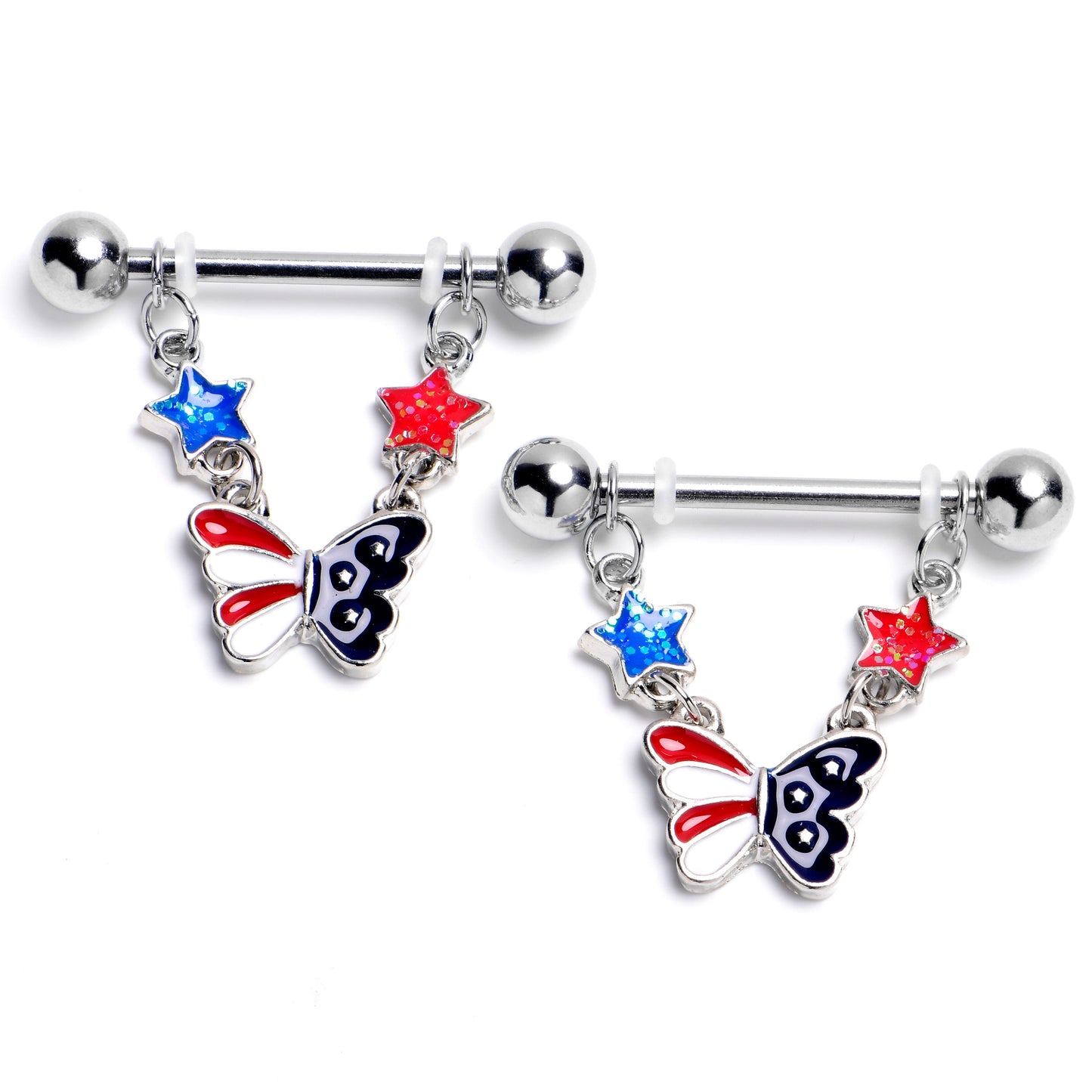 14G 9.16 Butterfly Stars Red White Blue Dangle Nipple Ring Set