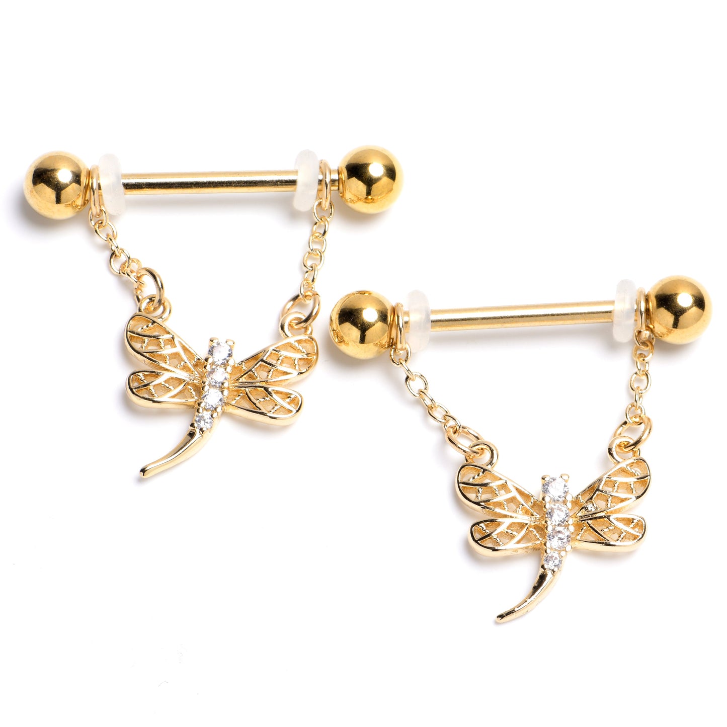 14G 9/16 Clear Gem Gold Hue Filigree Dragonfly Dangle Nipple Ring Set