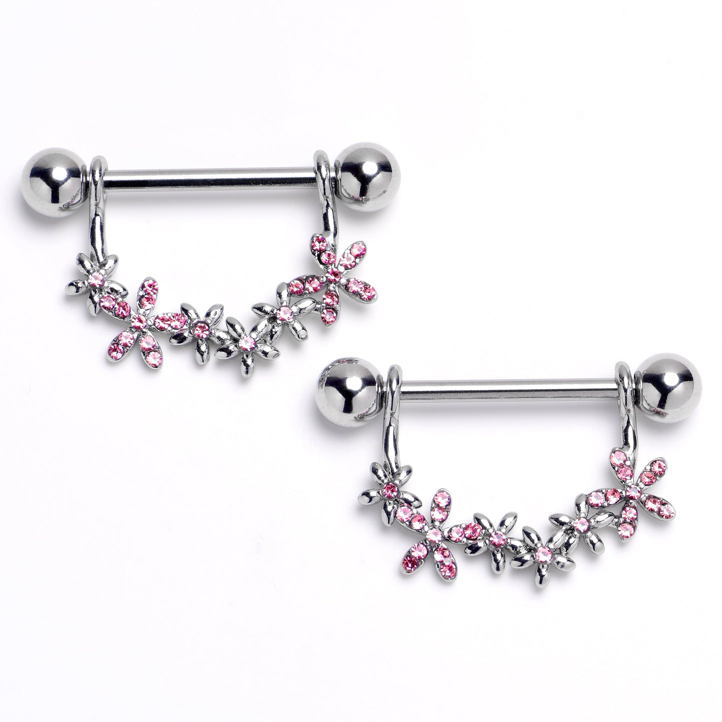 14G 9/16 Pink CZ Gem Flower Chain Dangle Nipple Ring Set