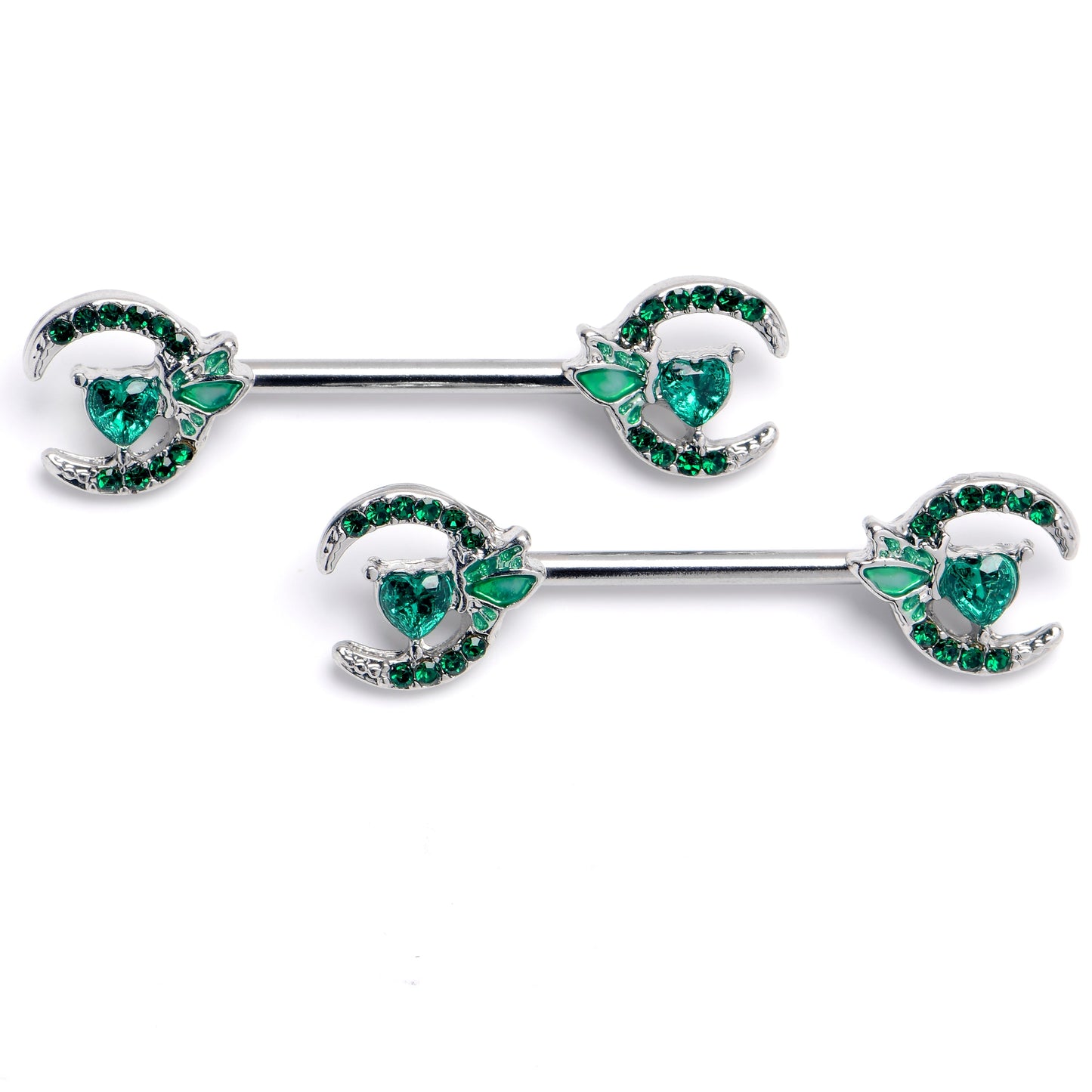 14G 9/16 Green Gem Butterfly Heart Moon Barbell Nipple Ring Set