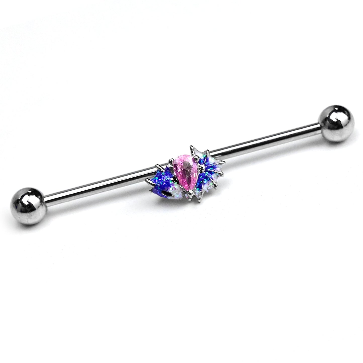 14G Pink Gem Sea Monster Glitter Blue Industrial Barbell 38mm