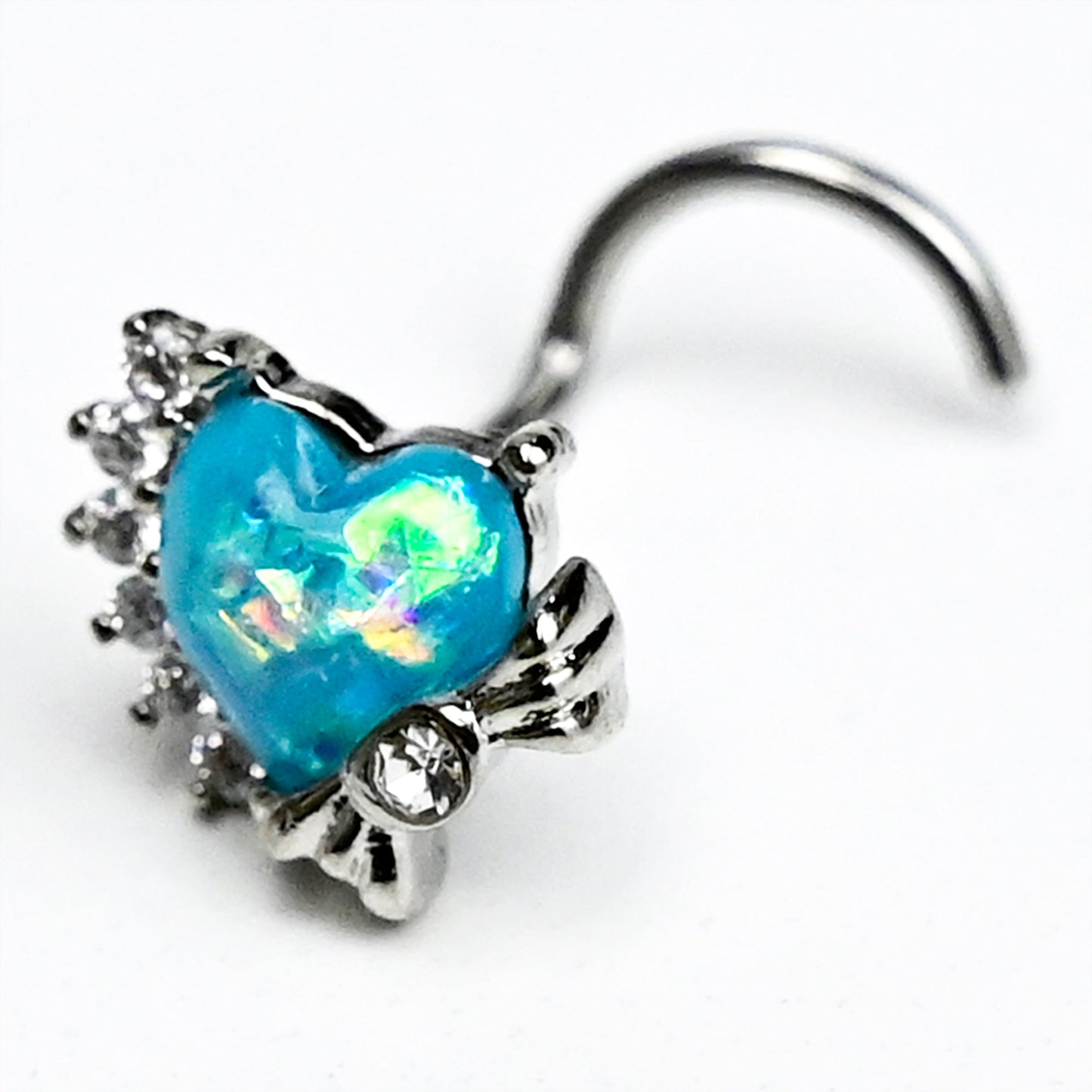 20G 7mm Blue Faux Opal Sunny Heart Left Side Nose Screw