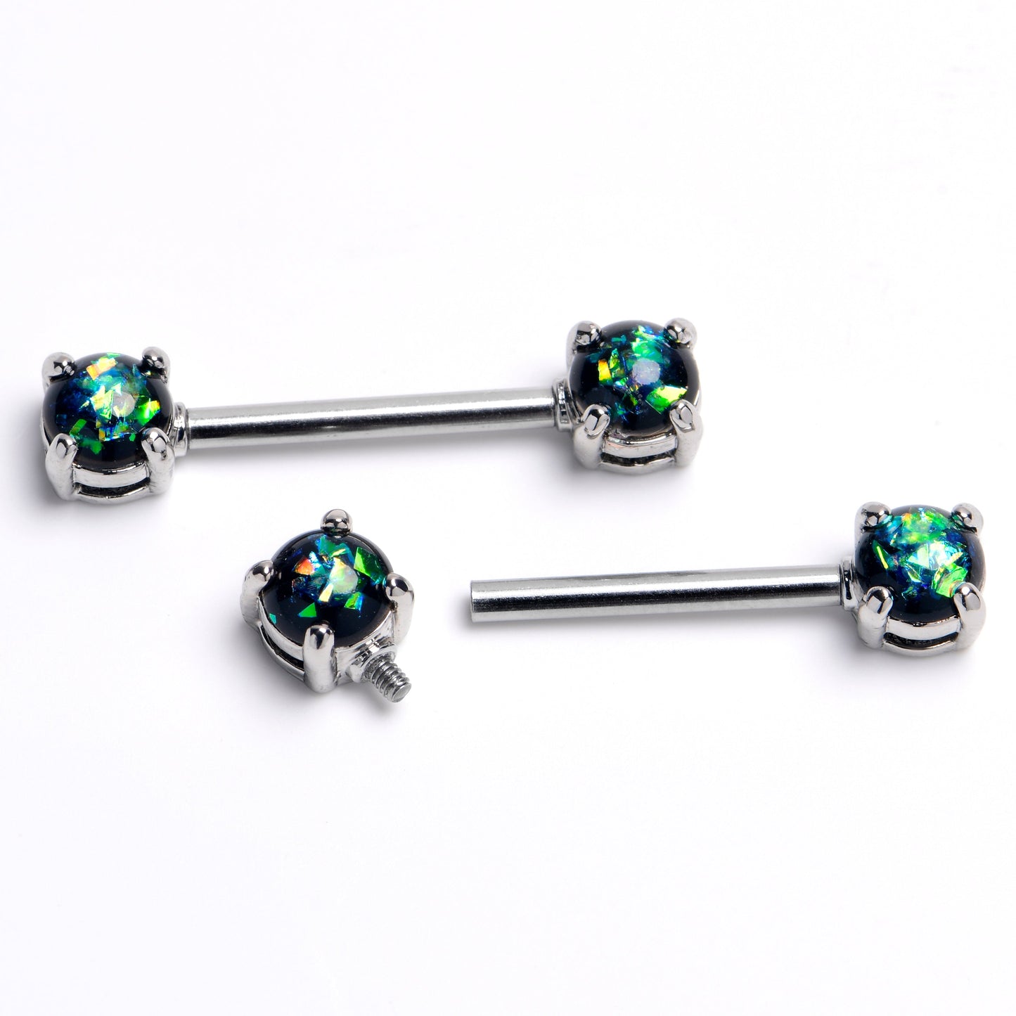 14G 9/16 Black Faux Opal Internally Threaded Nipple Ring Set