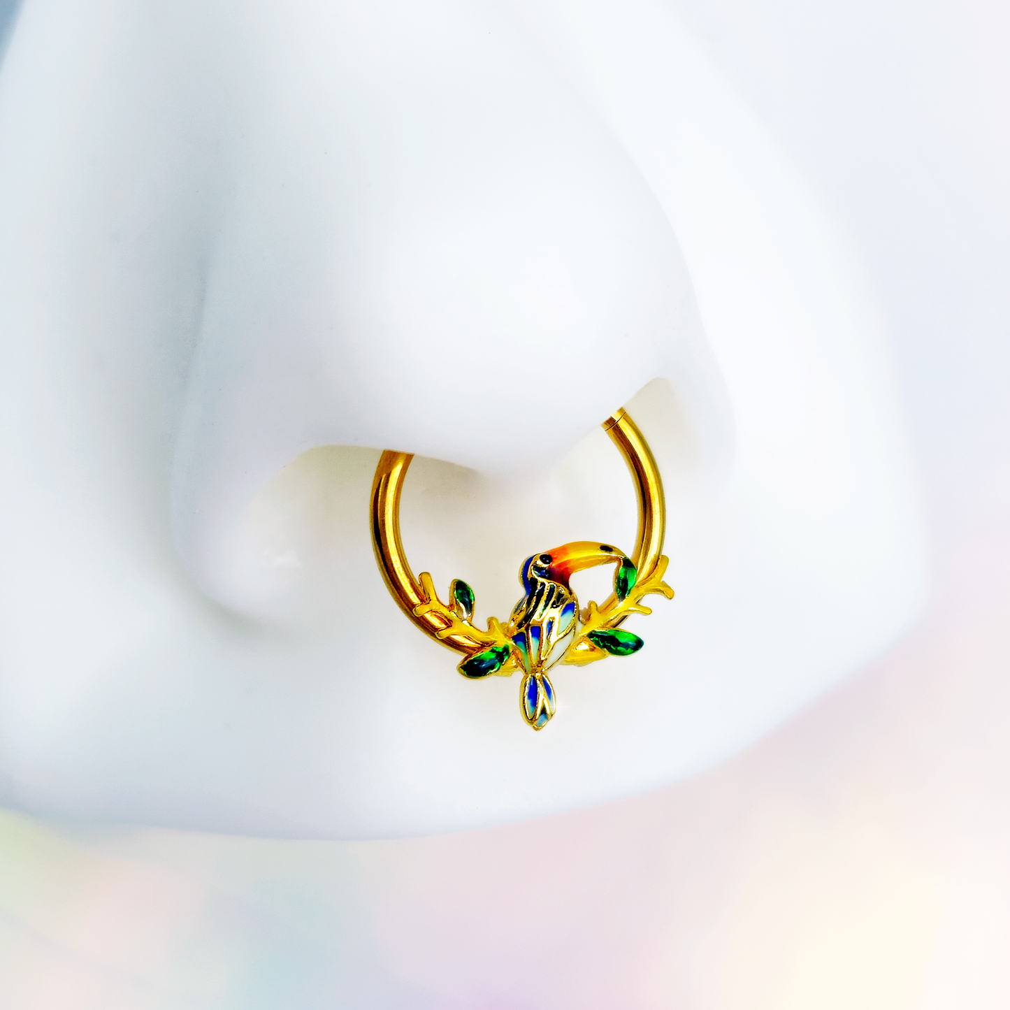 16G 3/8 Green Gem Gold Tone Tropical Toucan Hinged Segment Ring