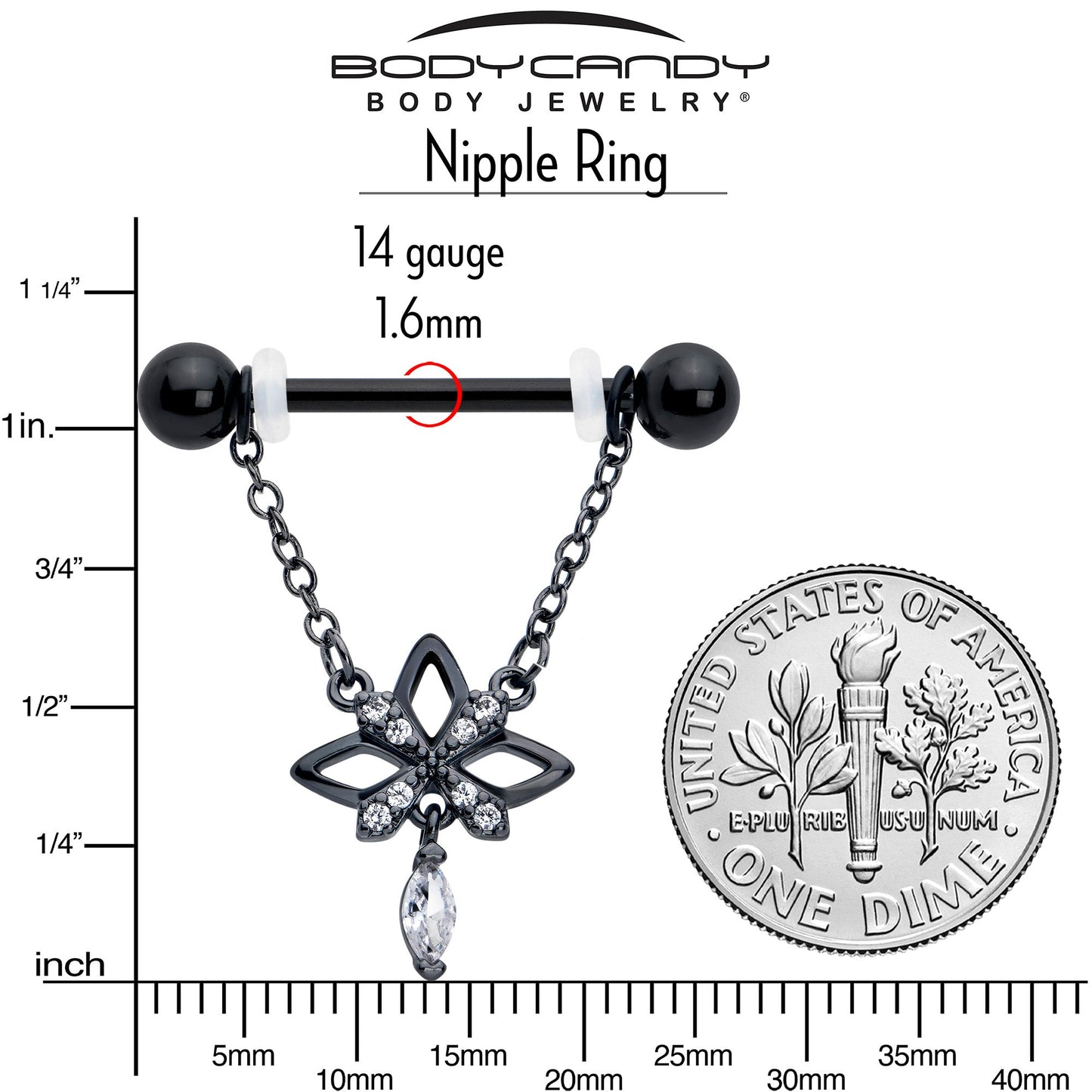 14G 9/16 Clear CZ Gem Black Gothic Star Dangle Nipple Ring Set