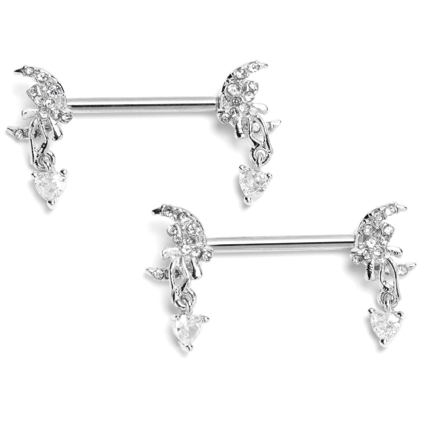 14G 9/16 Clear CZ Gem Moon Bow Heart Dangle Nipple Ring Set