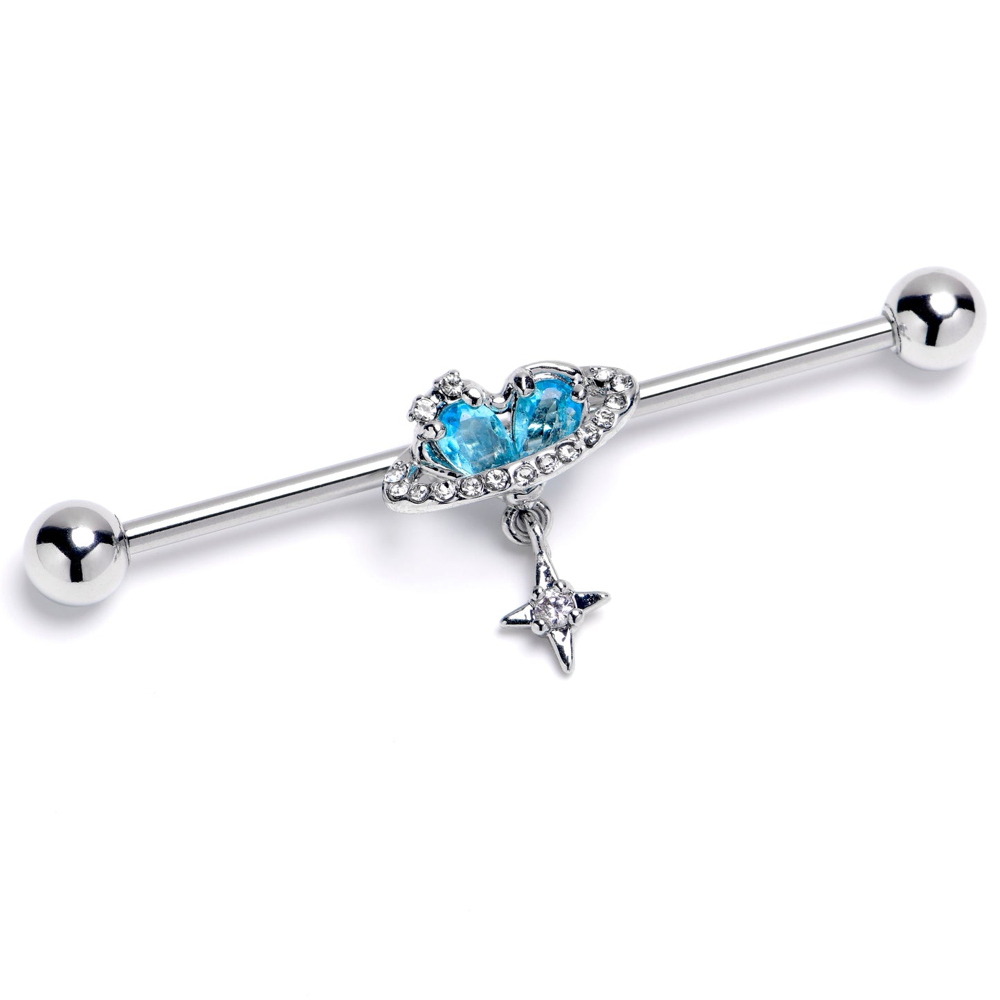 14G Blue Clear CZ Gem Starry Heart Dangle Industrial Barbell 38mm