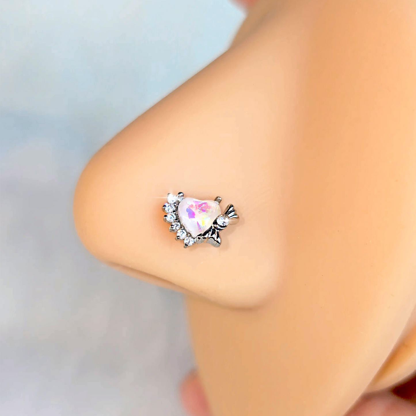 20G 7mm White Faux Opal Sunny Heart L Shape Nose Ring
