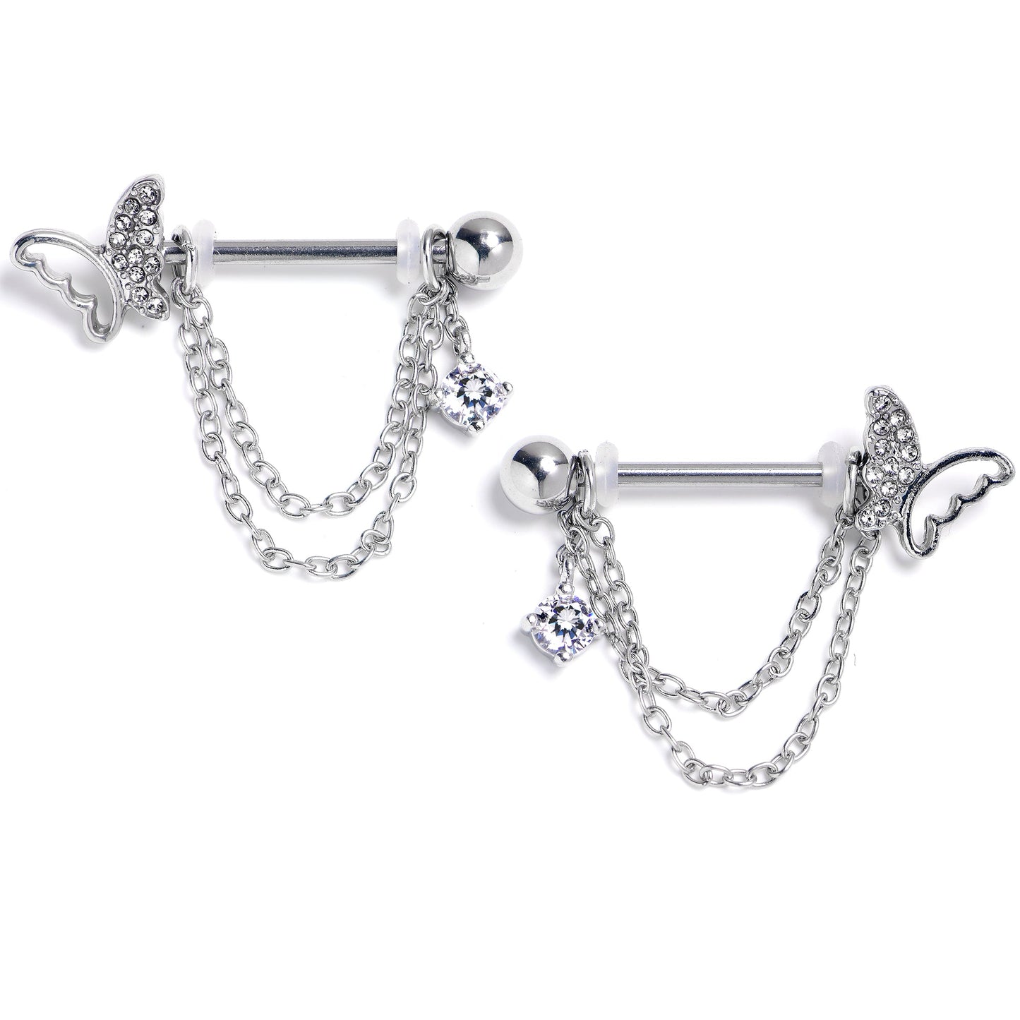 14G 9/16 Clear Gem Butterfly White Chain Dangle Nipple Ring Set