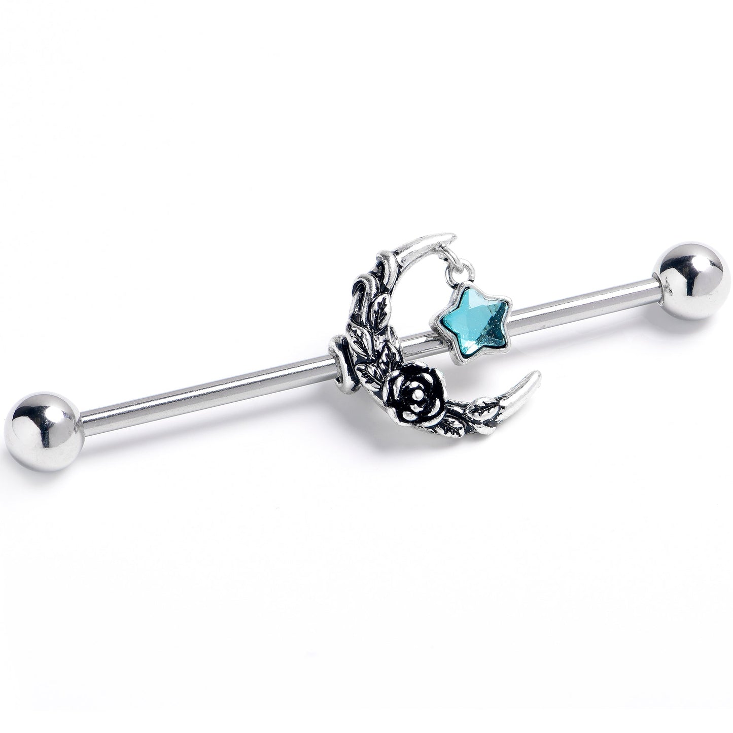 14G Blue Gem Ornate Moon Star Industrial Barbell 38mm