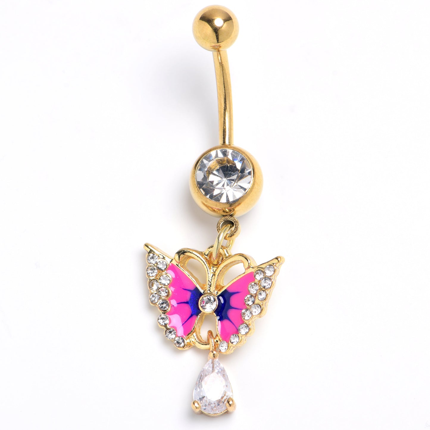 Clear Gem Gold Tone Butterfly Blue Pink Drop Dangle Belly Ring