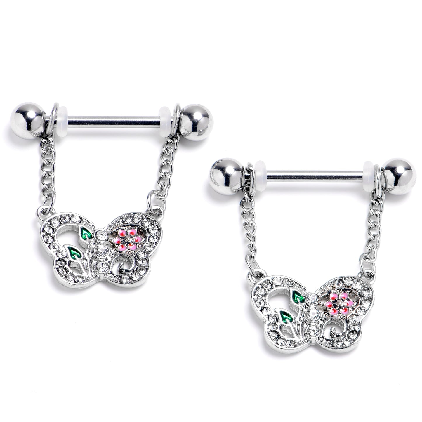 14G 9/16 Clear Gem Floral Butterfly Style Dangle Nipple Ring Set