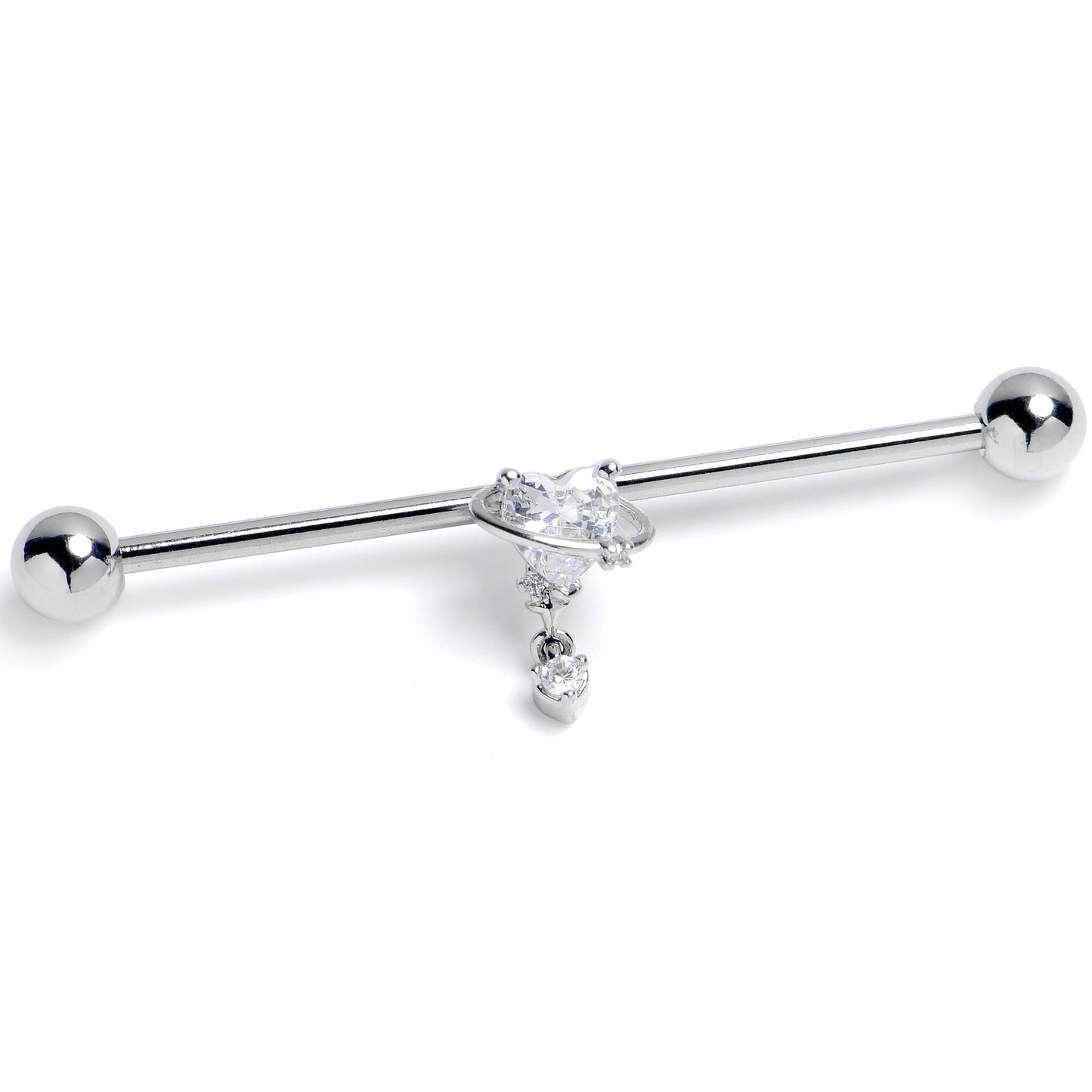 14G Clear CZ Gem Saturn Heart Dangle Industrial Barbell 38mm