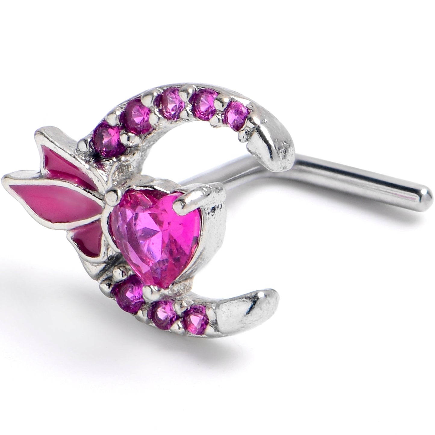 20G 7mm Pink CZ Gem Butterfly Heart Moon L Shape Nose Ring