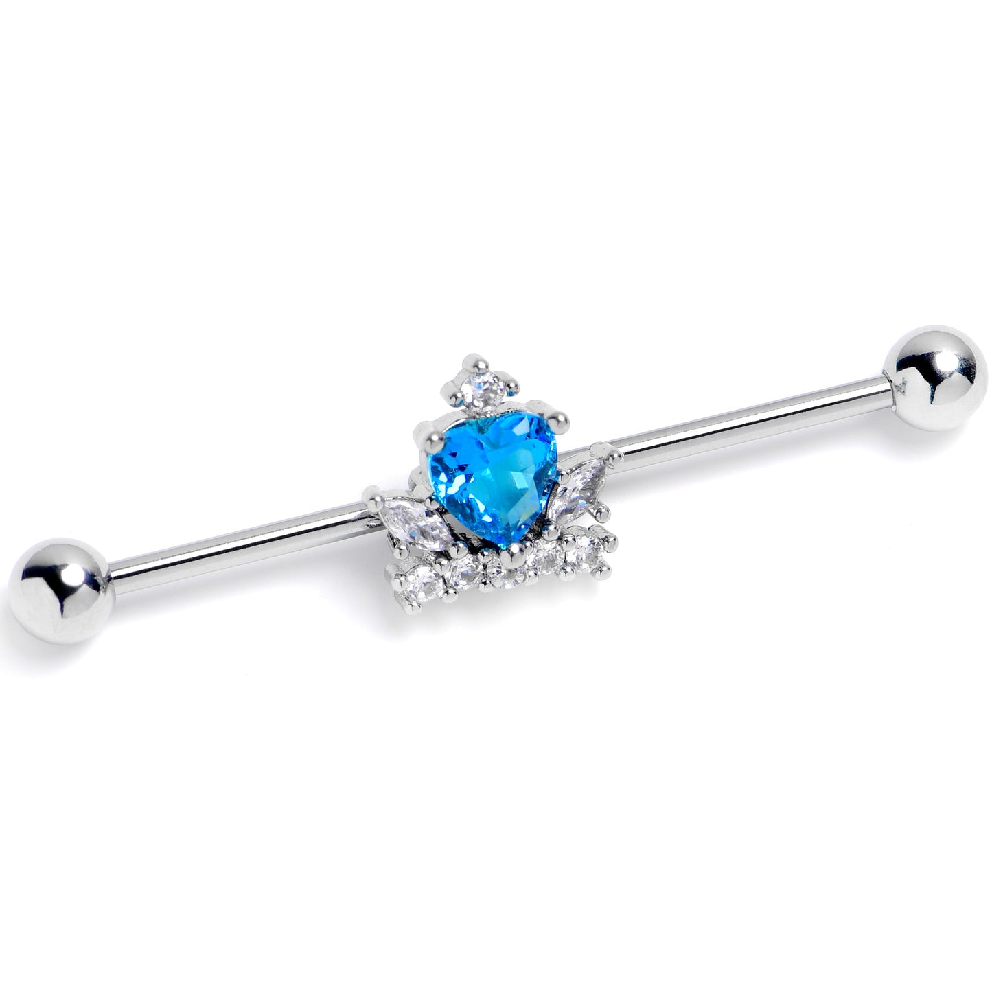 14G Blue Clear Gem Heart Crown Industrial Barbell 38mm