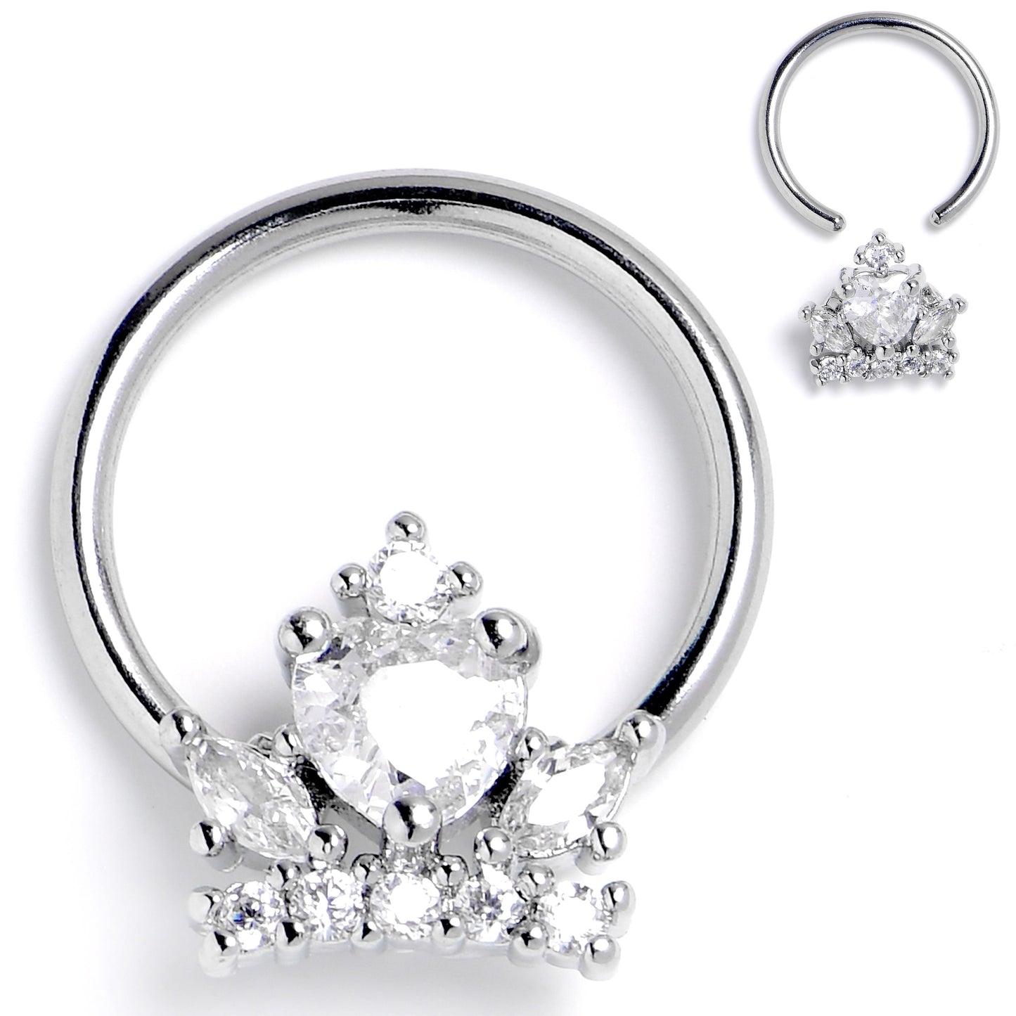 16G 3/8 Clear CZ Gem Crown Heart BCR Captive Ring