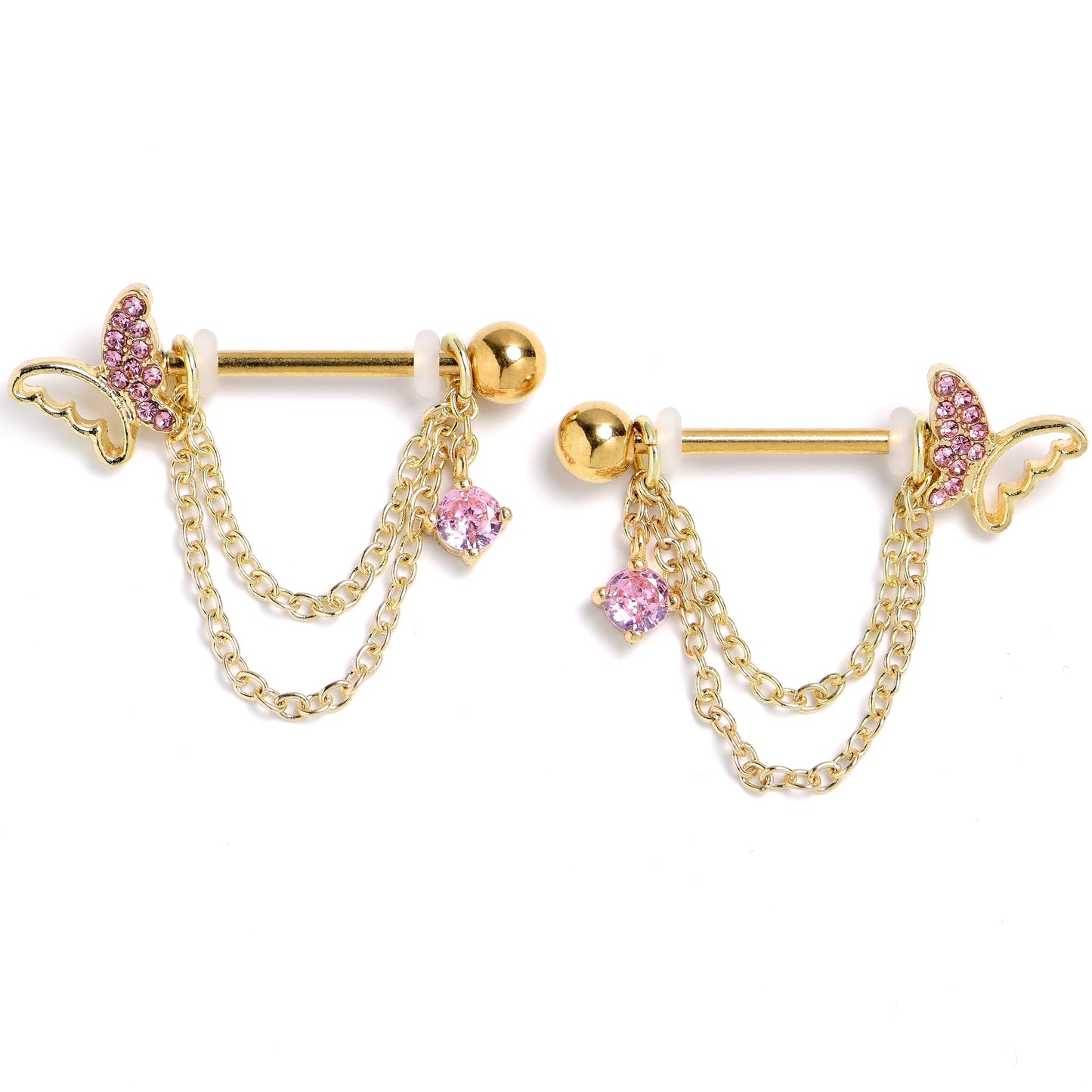 14G 9/16 Pink Gem Gold Tone Butterfly White Dangle Nipple Ring Set