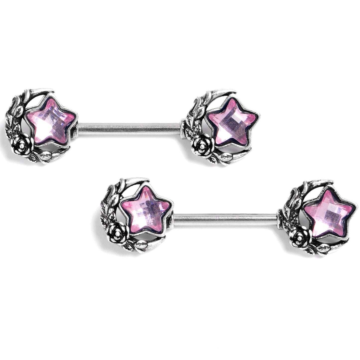 14G 9/16 Pink Gem Ornate Moon Star Barbell Nipple Ring Set