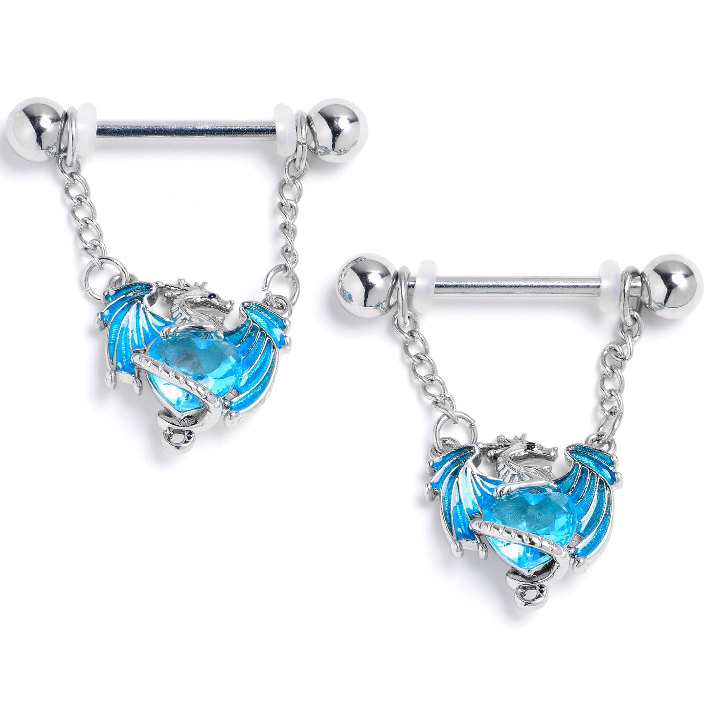 14G 9/16 Blue CZ Gem Heart of Dragon Dangle Nipple Ring Set