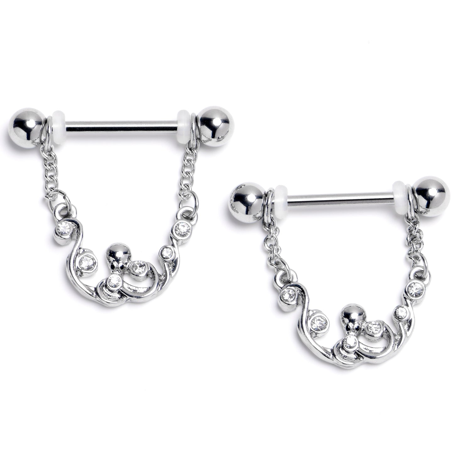 14G 9/16 Clear Gem Scrolling Elegance Dangle Nipple Ring Set