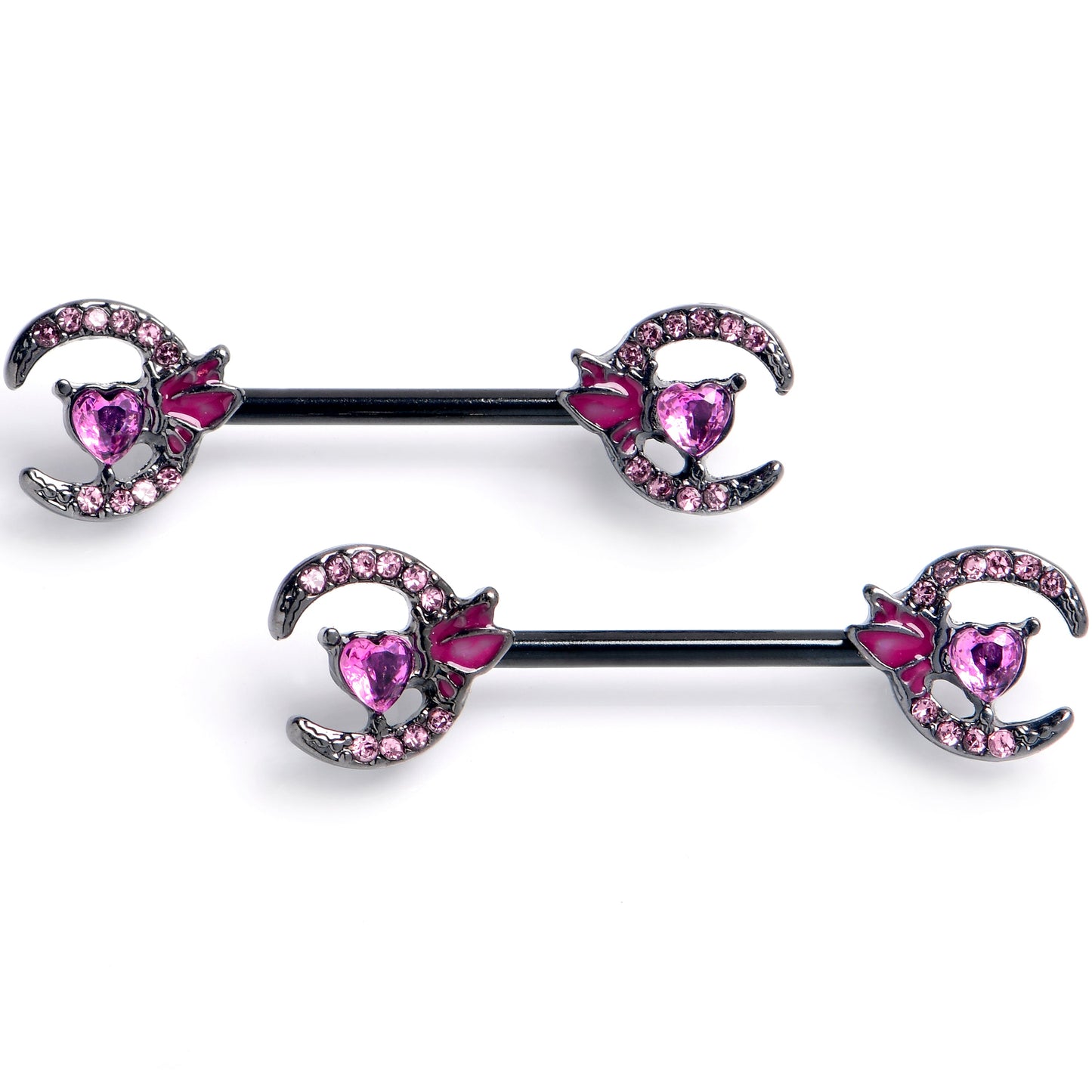 14G 9/16 Pink Gem Black Butterfly Heart Moon Barbell Nipple Ring Set