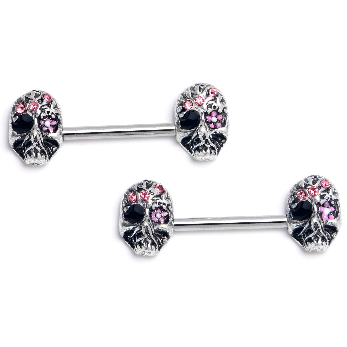 14G 9/16 Pink Black CZ Gem Stylish Skull Barbell Nipple Ring Set