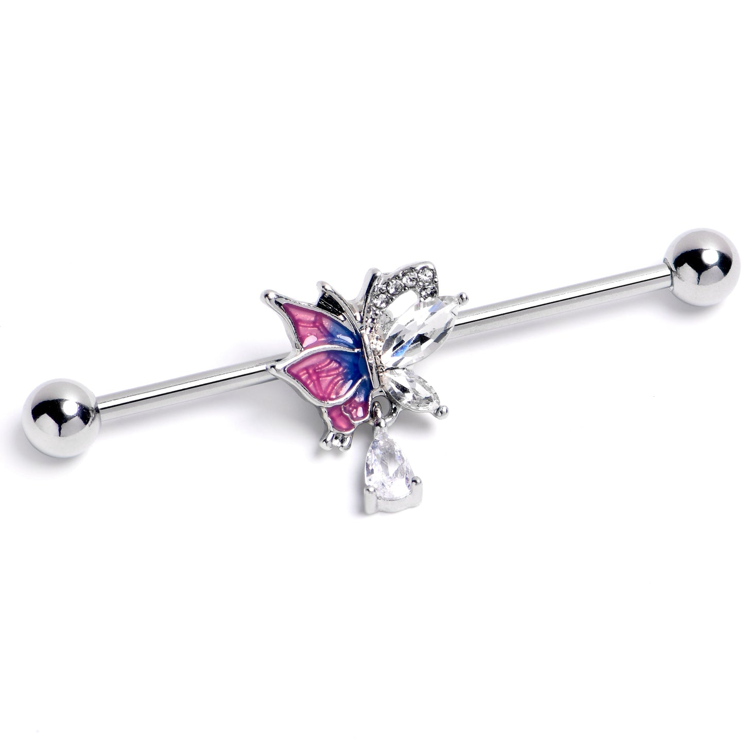 14G Clear Gem Dazzling Butterfly Purple Industrial Barbell 38mm