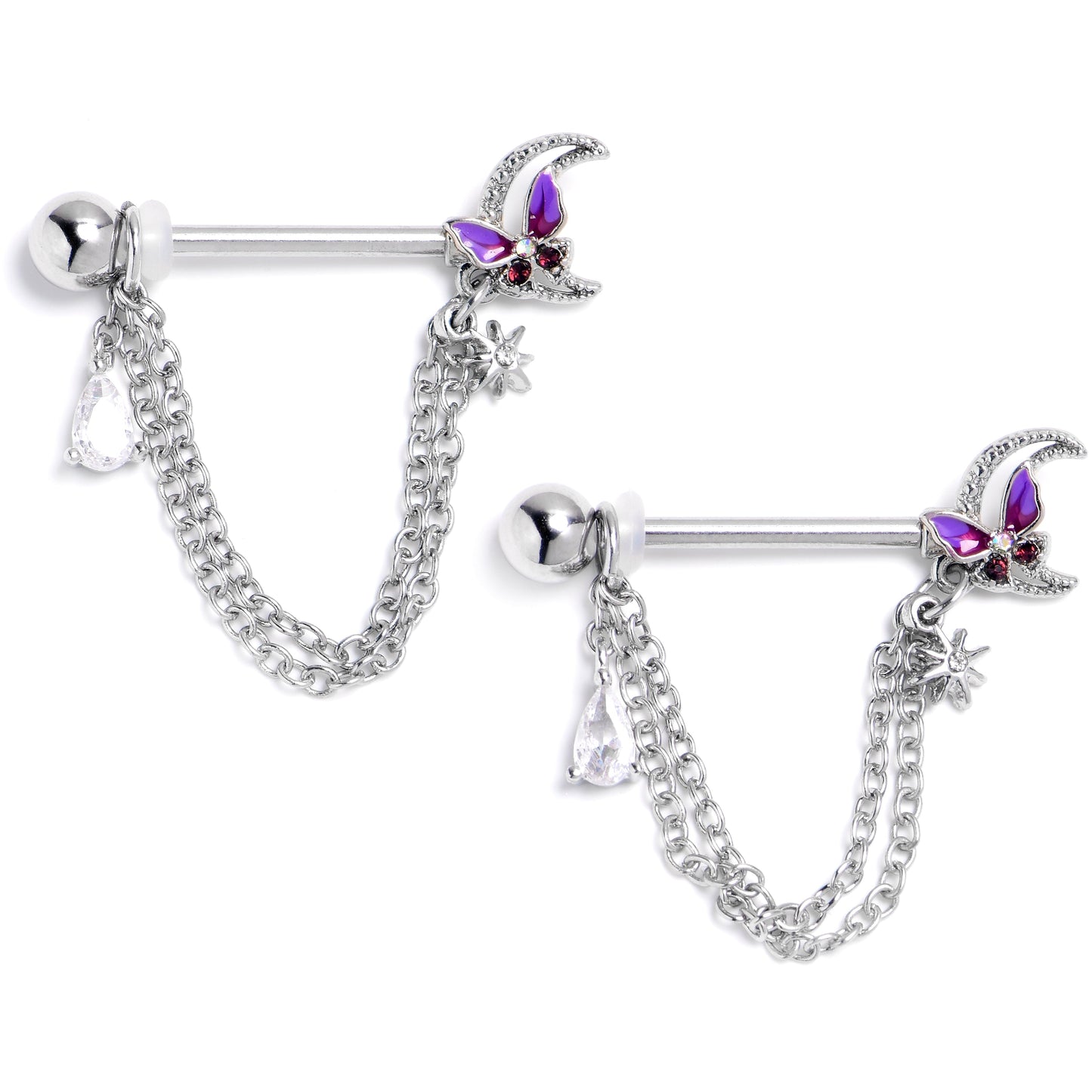 14G 9/16 Clear CZ Gem Butterfly Purple Beauty Dangle Nipple Ring Set