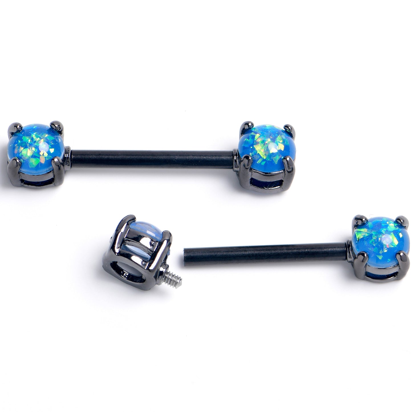 14G 9/16 Blue Faux Opal Black Internally Threaded Nipple Ring Set