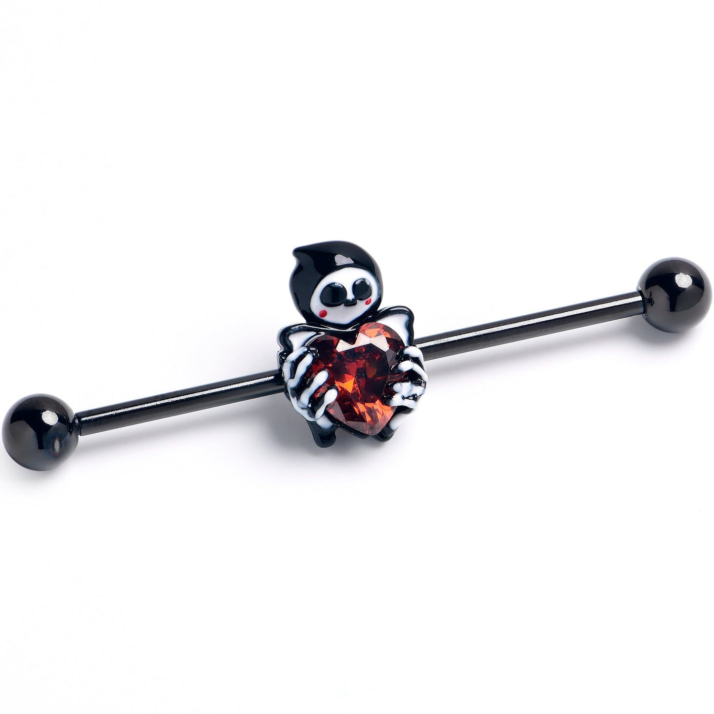 14G Red Gem Black Skeleton Heart Industrial Barbell 38mm