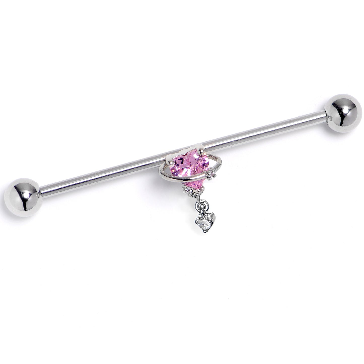 14G Pink Clear CZ Gem Saturn Heart Dangle Industrial Barbell 38mm