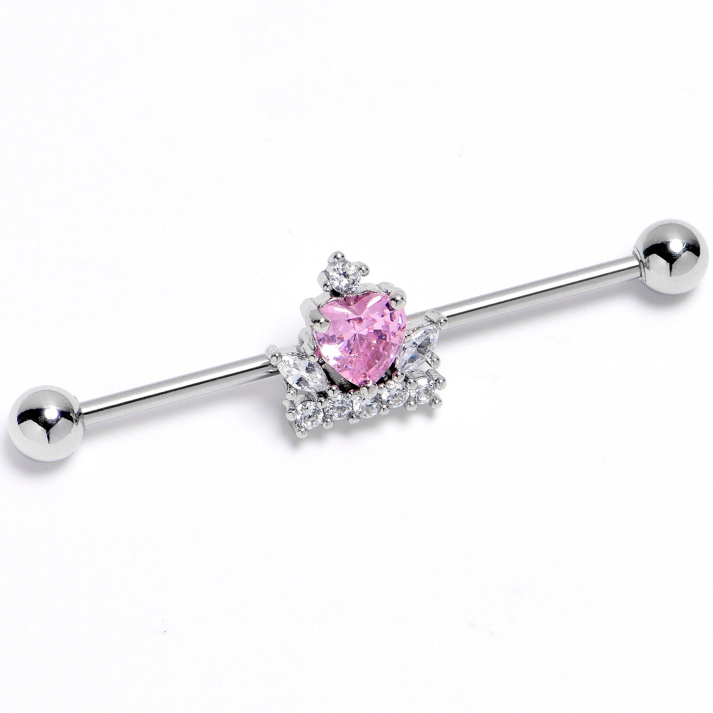 14G Pink Clear CZ Gem Heart Crown Industrial Barbell 38mm