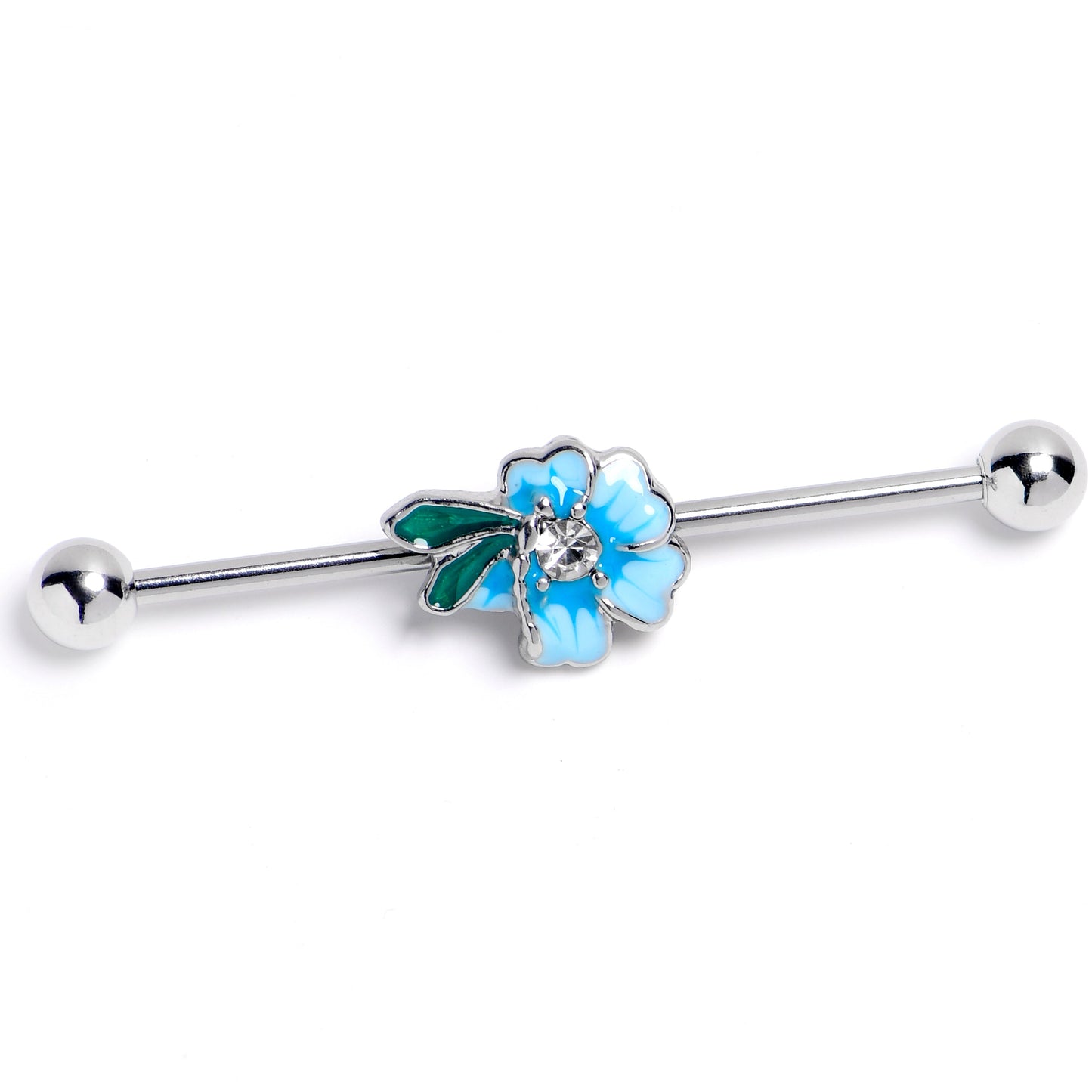 14G Clear Gem Faerie Flower Blue Industrial Barbell 38mm