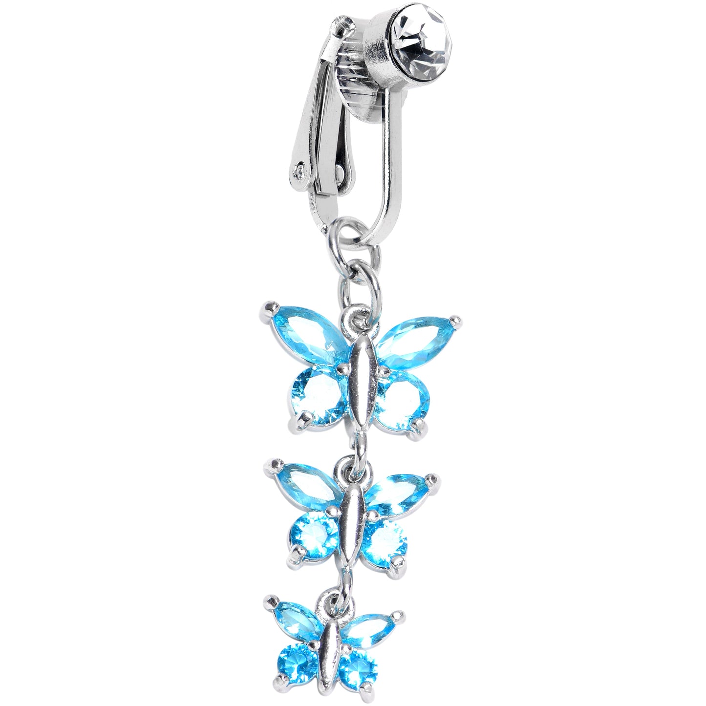 Blue CZ Gem Butterfly Strand Dangle Clip on Fake Belly Ring
