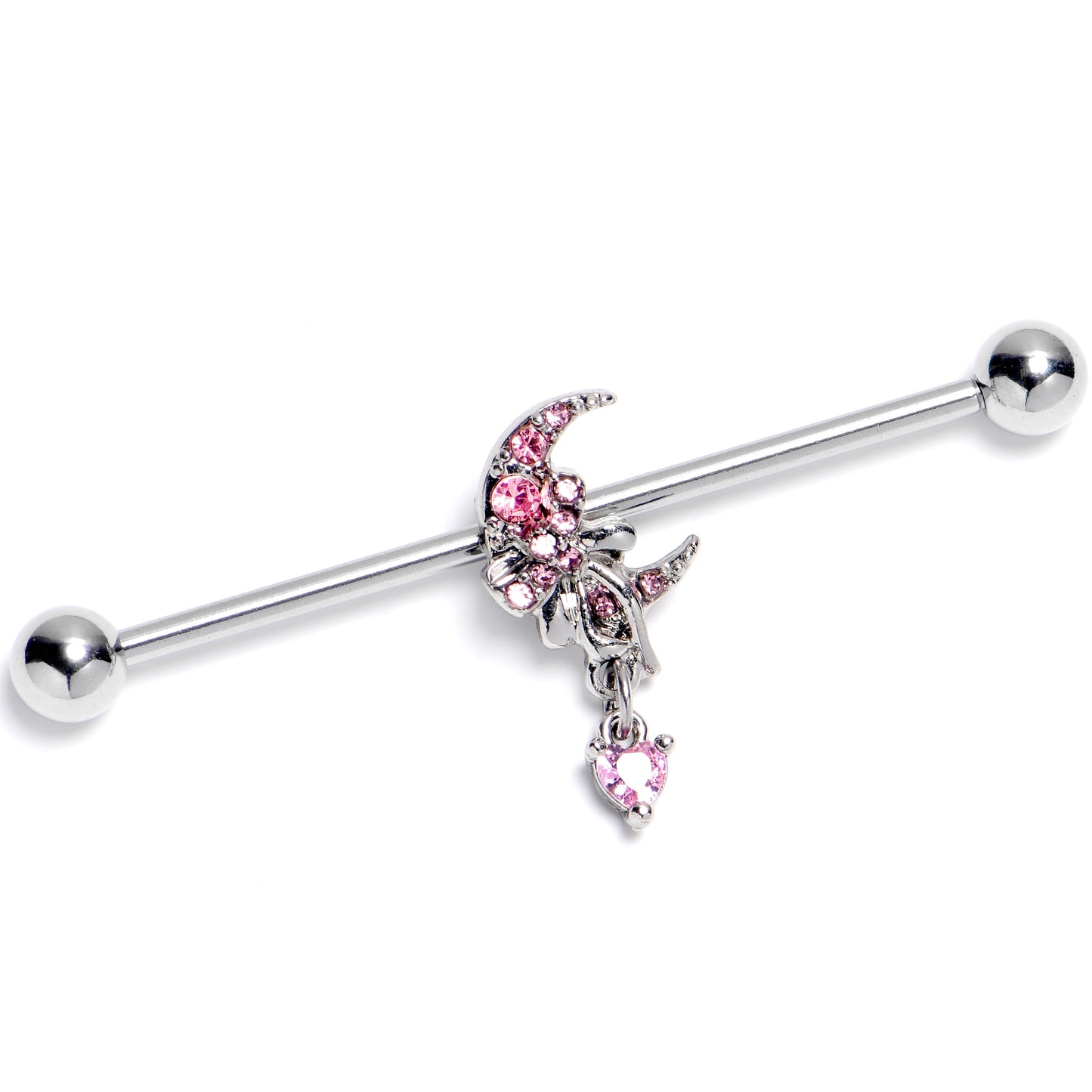 14G Pink CZ Gem Moon Bow Heart Dangle Industrial Barbell 38mm