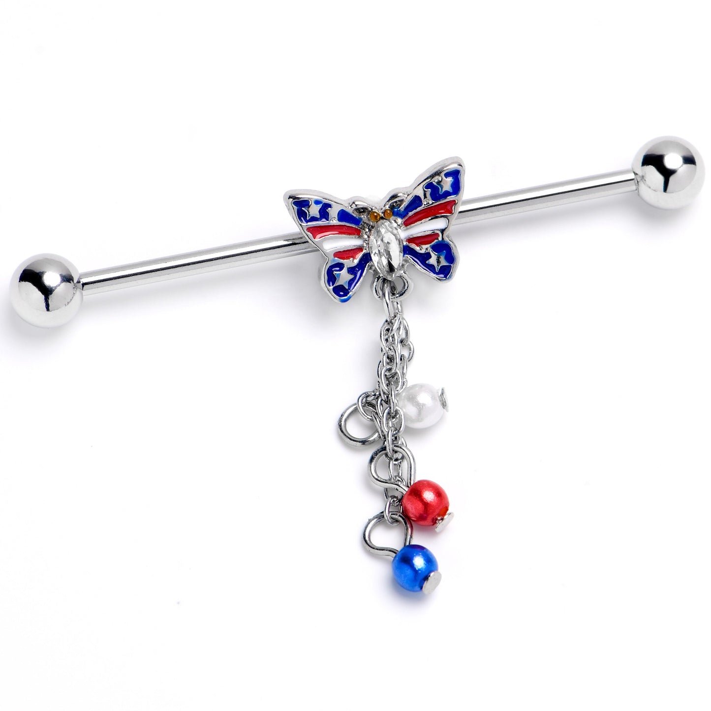 14G Clear Gem Patriotic Butterfly Dangle Industrial Barbell 38mm