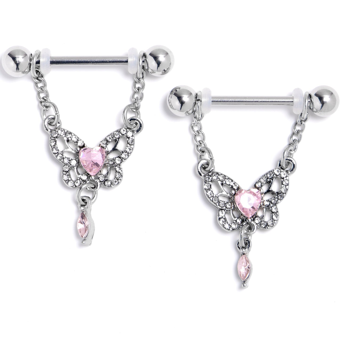 14G 9/16 Pink Gem Whimsical Butterfly Dangle Nipple Ring Set