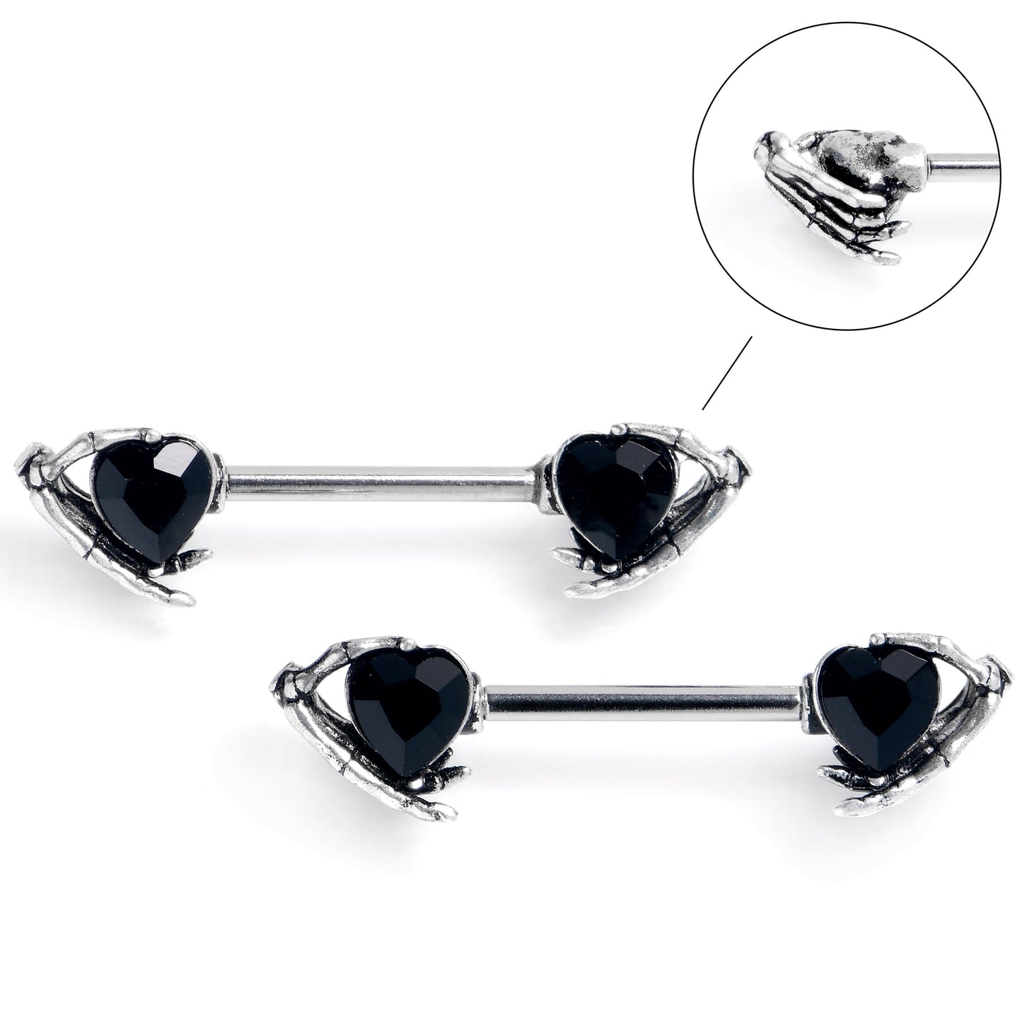 14G 9/16 Black CZ Gem Heart Skeleton Hands Barbell Nipple Ring Set