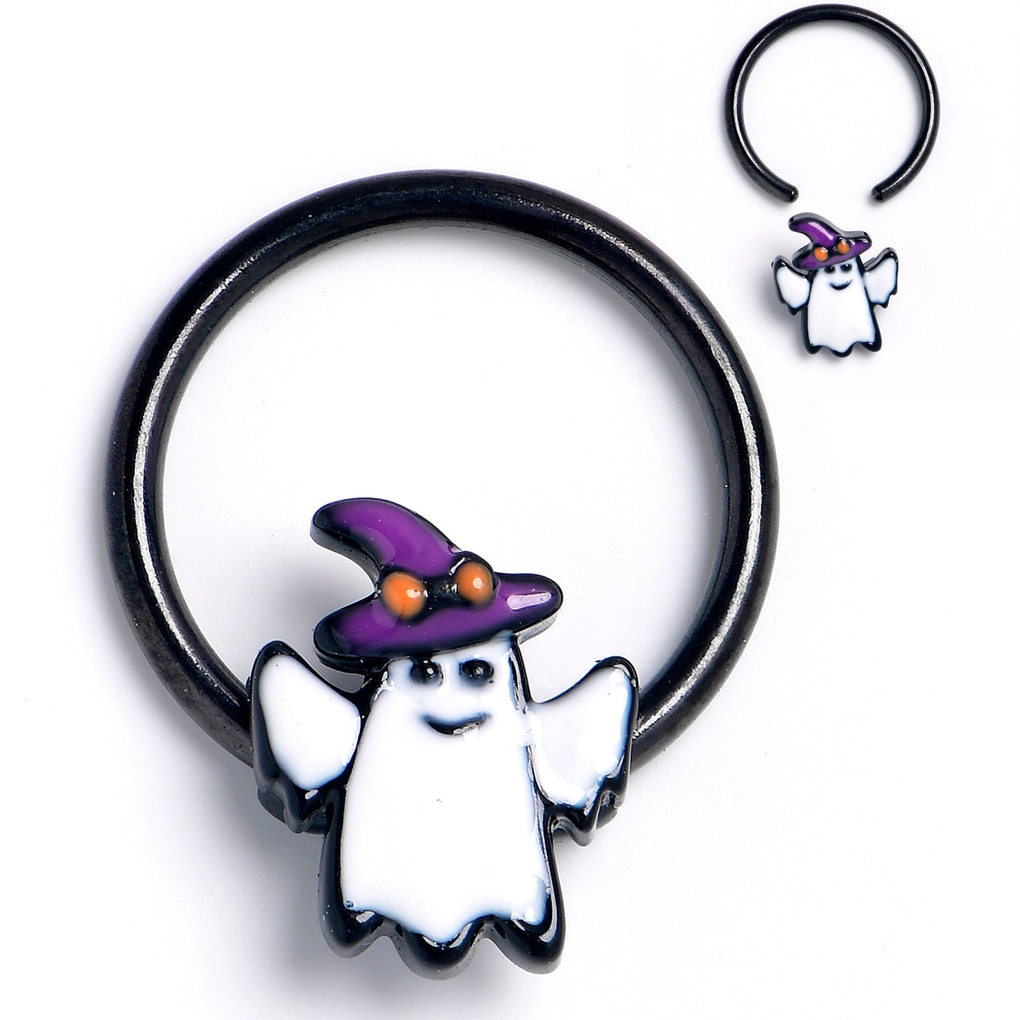 16G 3/8 Black Witch Hat Ghost Halloween BCR Captive Ring