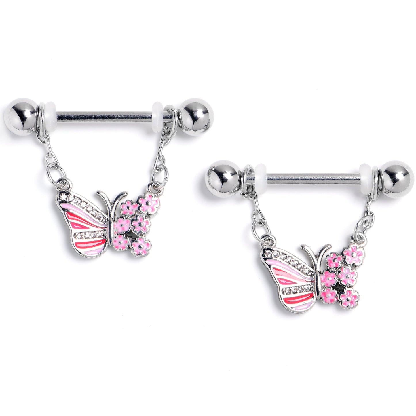 14G 9/16 Clear Gem Flowery Butterfly Pink Dangle Nipple Ring Set